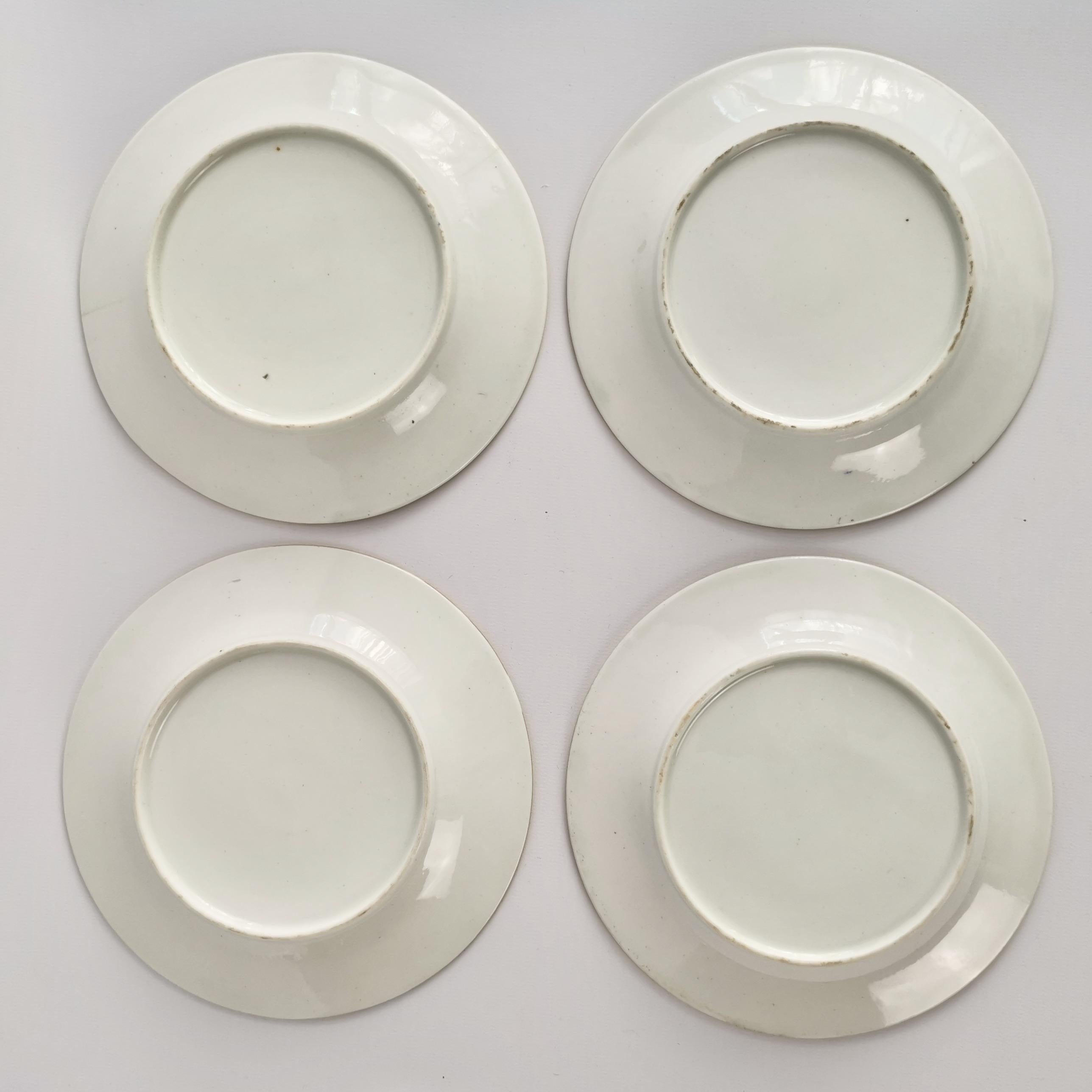 New Hall Set of 4 Porcelain Tea Plates, Cobalt Blue, Pink Roses, Regency 5