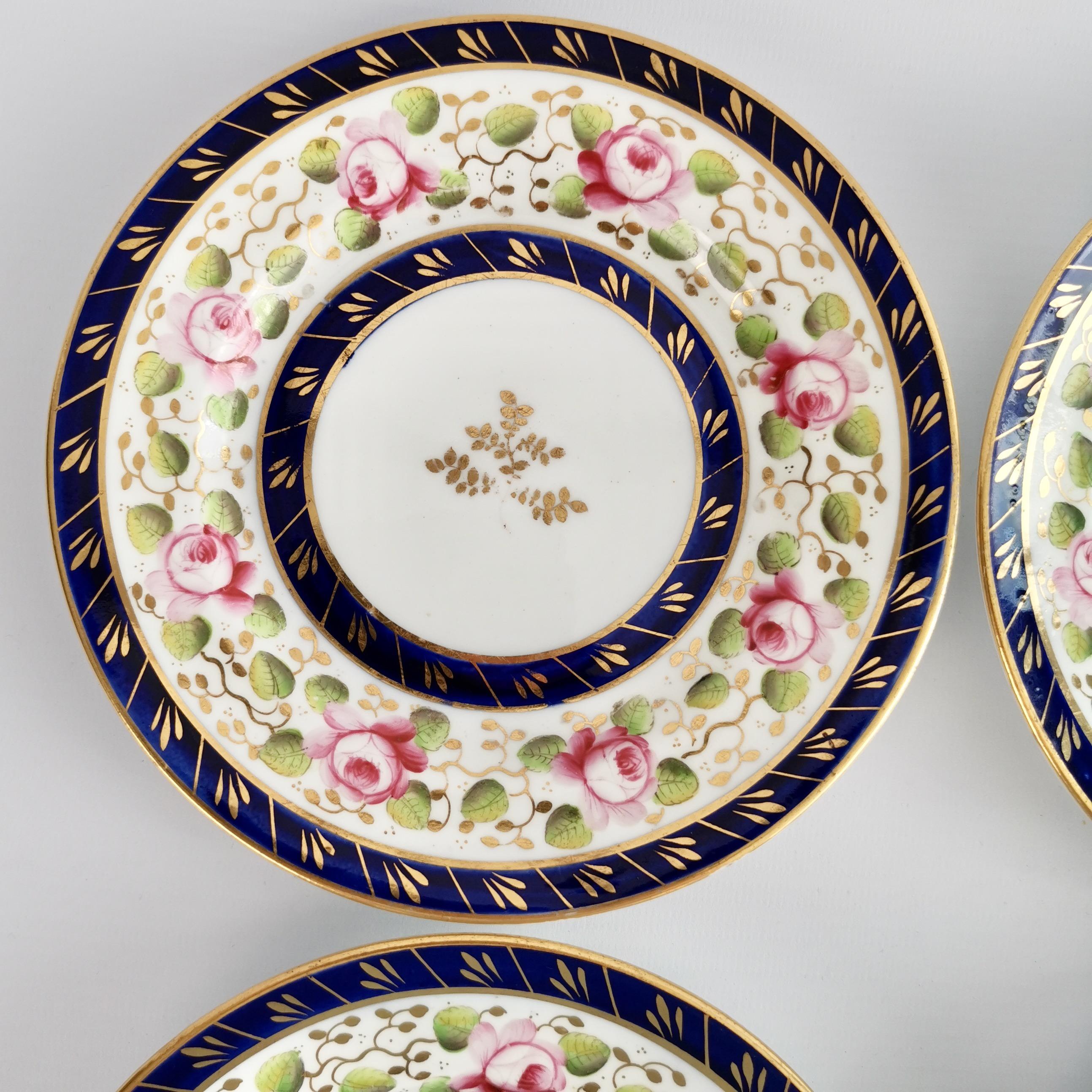 English New Hall Set of 4 Porcelain Tea Plates, Cobalt Blue, Pink Roses, Regency