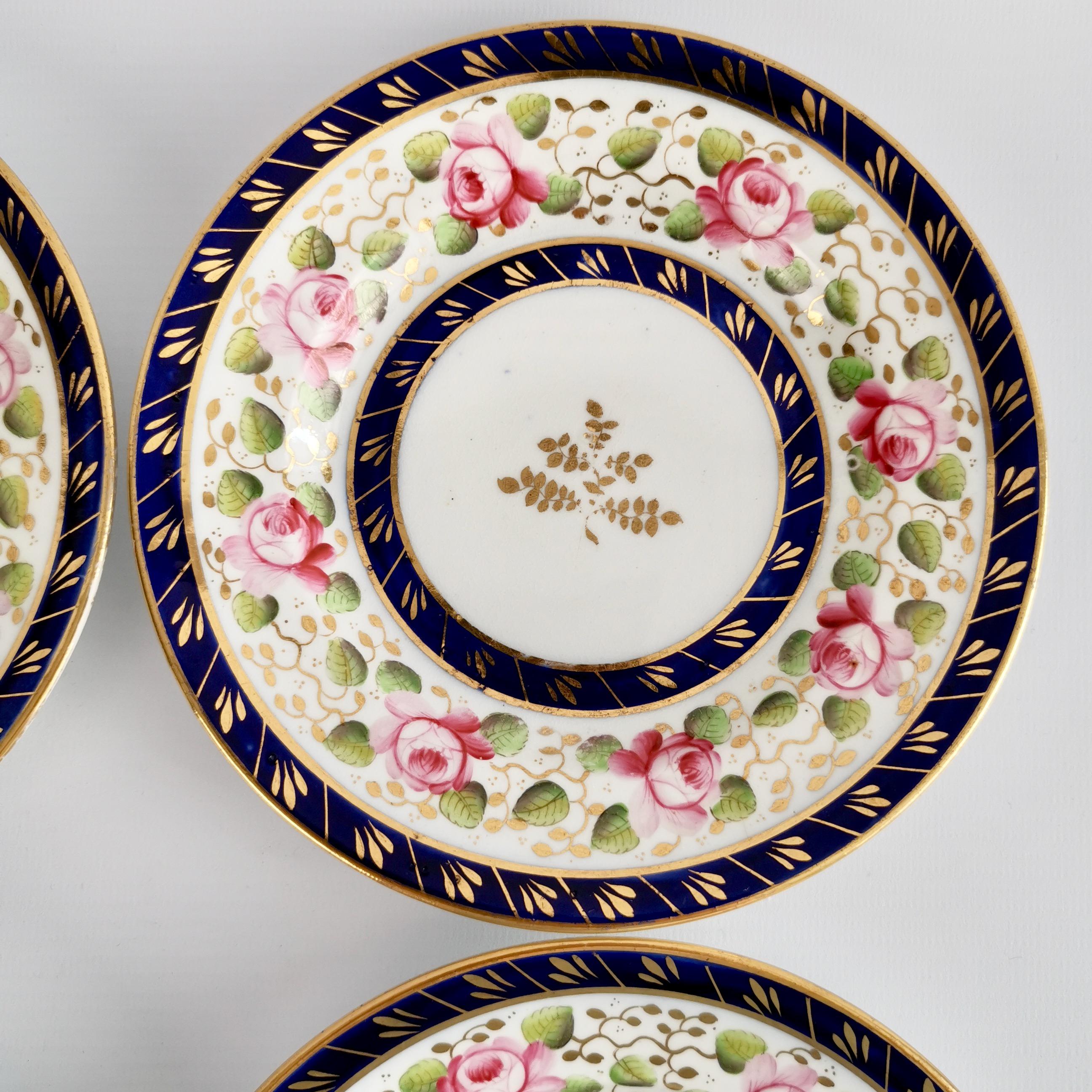 Hand-Painted New Hall Set of 4 Porcelain Tea Plates, Cobalt Blue, Pink Roses, Regency