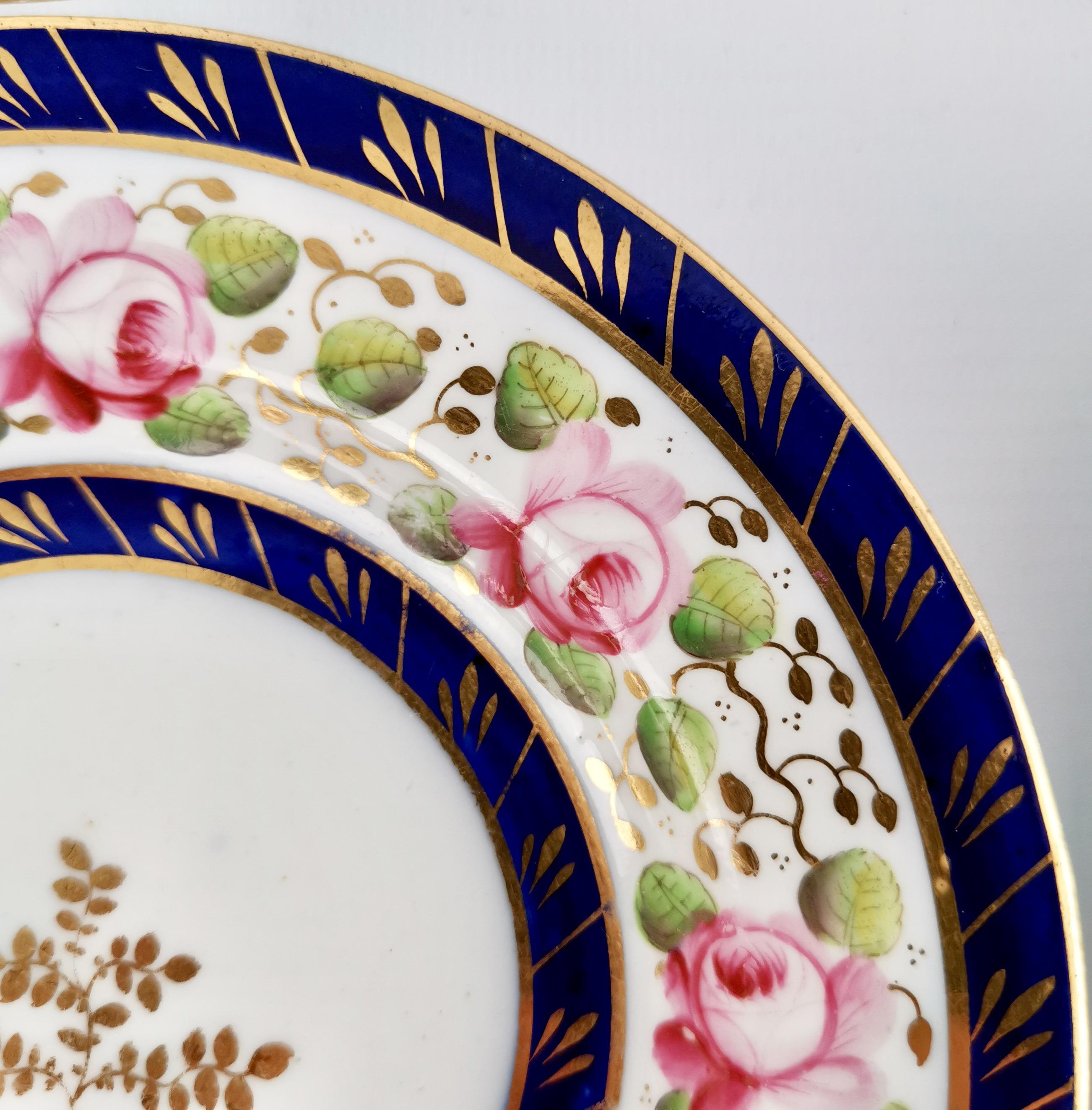 New Hall Set of 4 Porcelain Tea Plates, Cobalt Blue, Pink Roses, Regency 1