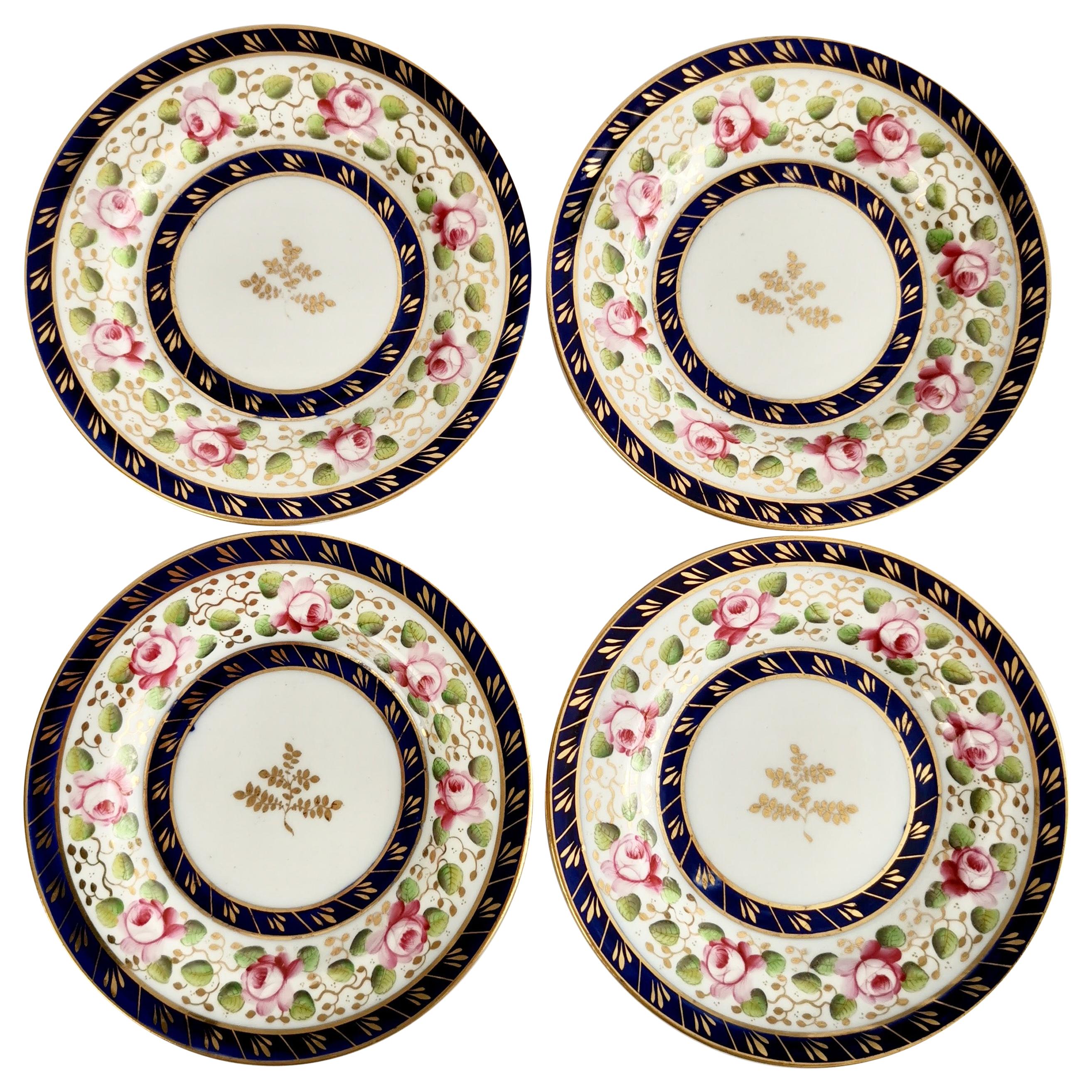 New Hall Set of 4 Porcelain Tea Plates, Cobalt Blue, Pink Roses, Regency