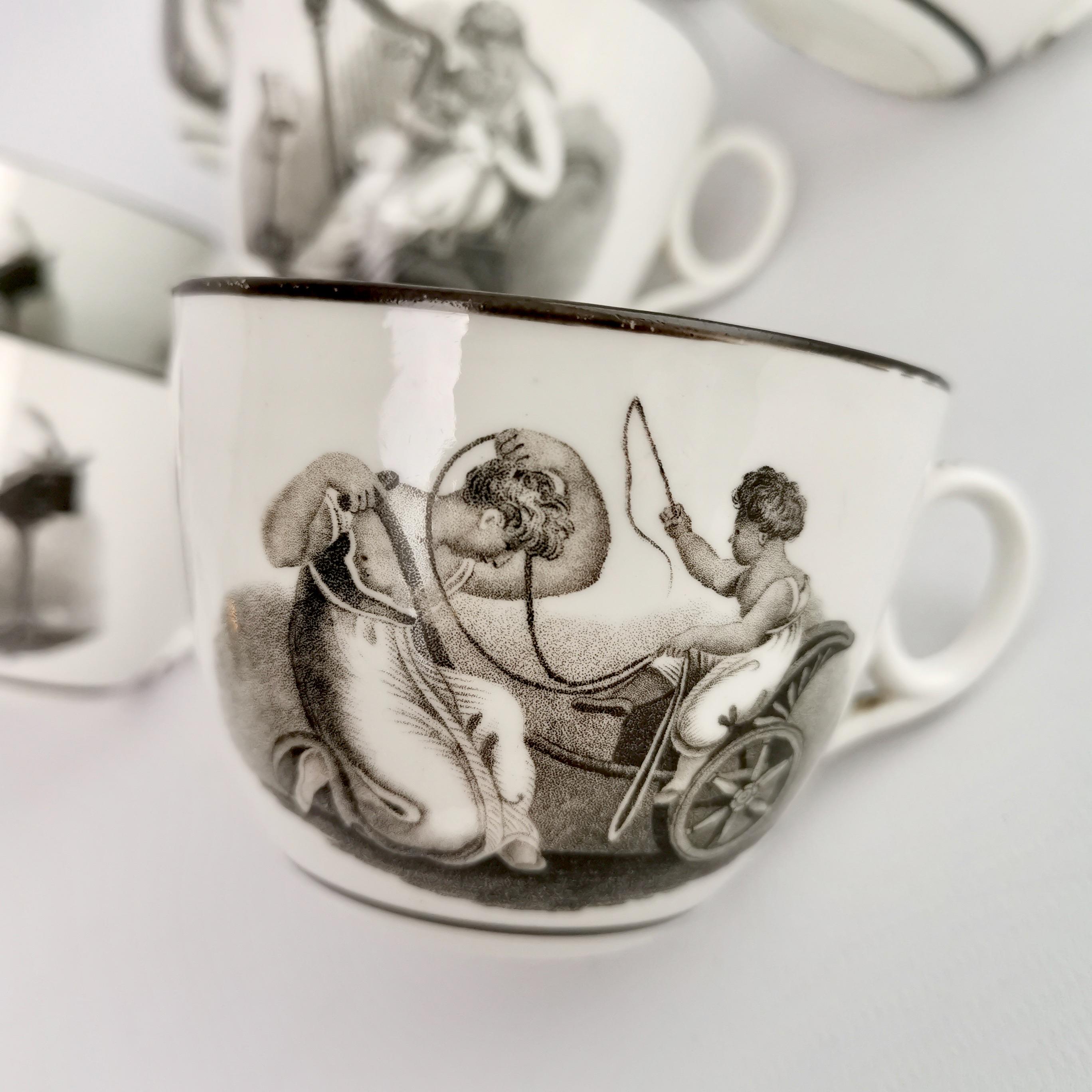 Porcelain New Hall Tea Coffee Service, Black White Bat Printed Muses, Neo-Classical, 1815