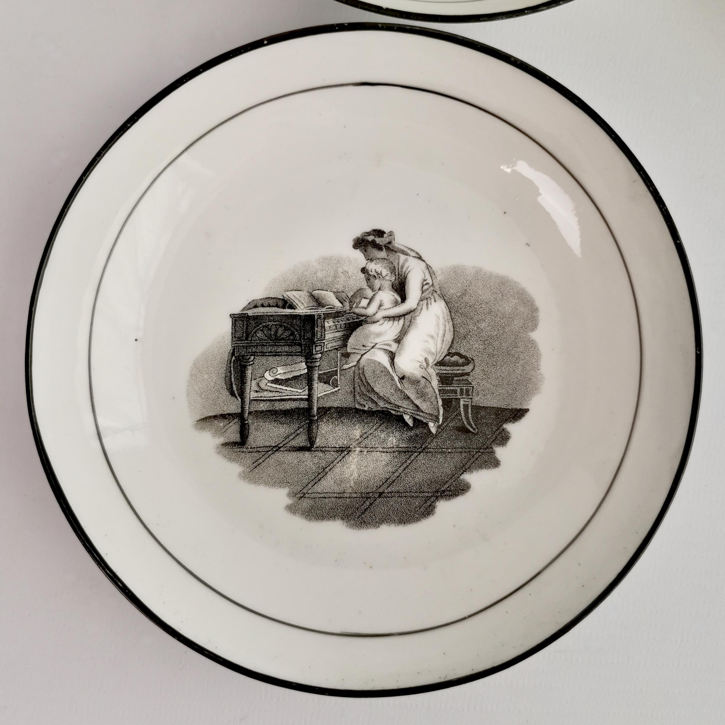 Early 19th Century New Hall Tea Coffee Service, Black White Bat Printed Muses, Neo-Classical, 1815