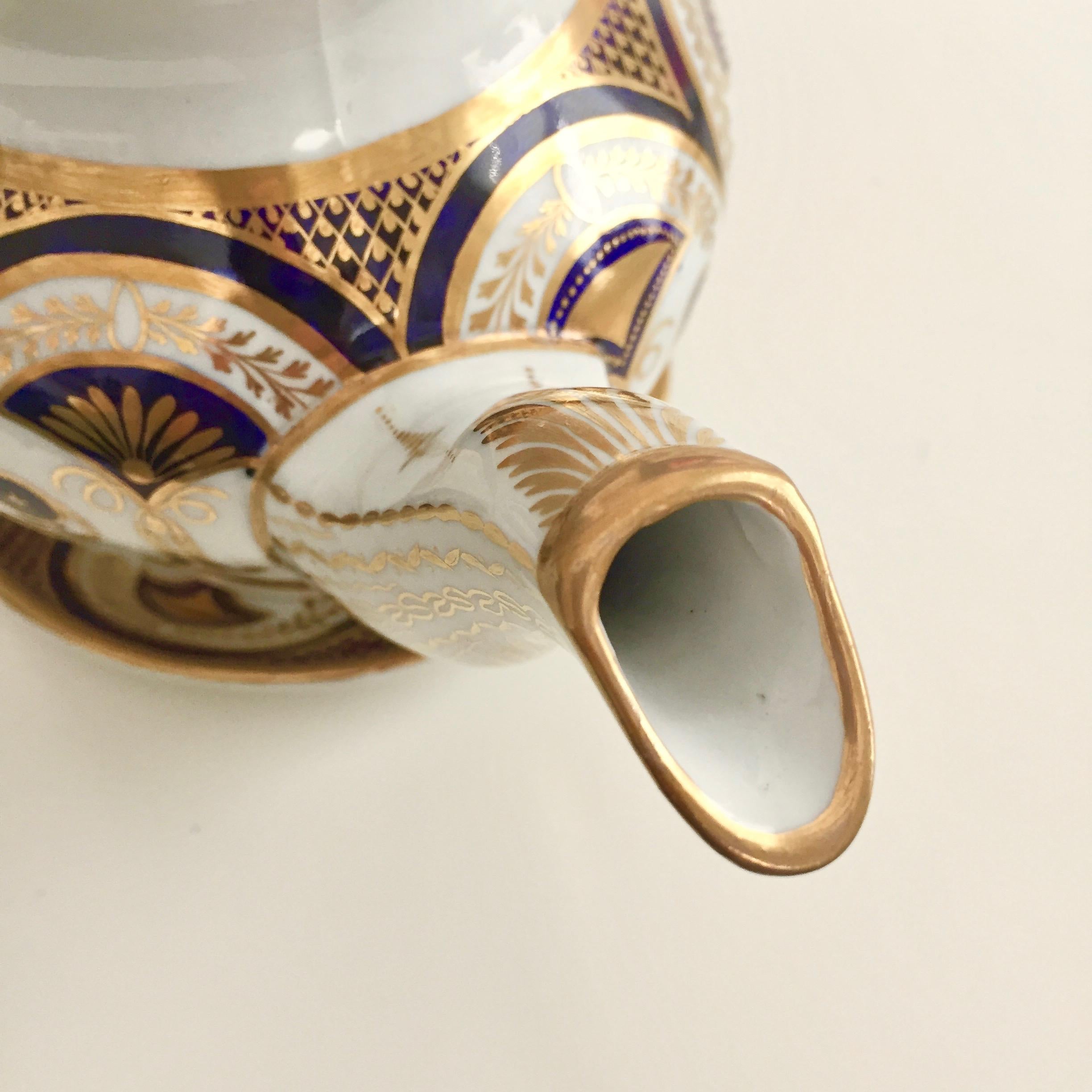 New Hall Porcelain Teapot, Boat Shape Cobalt Blue and Gilt, Regency ca 1810 1
