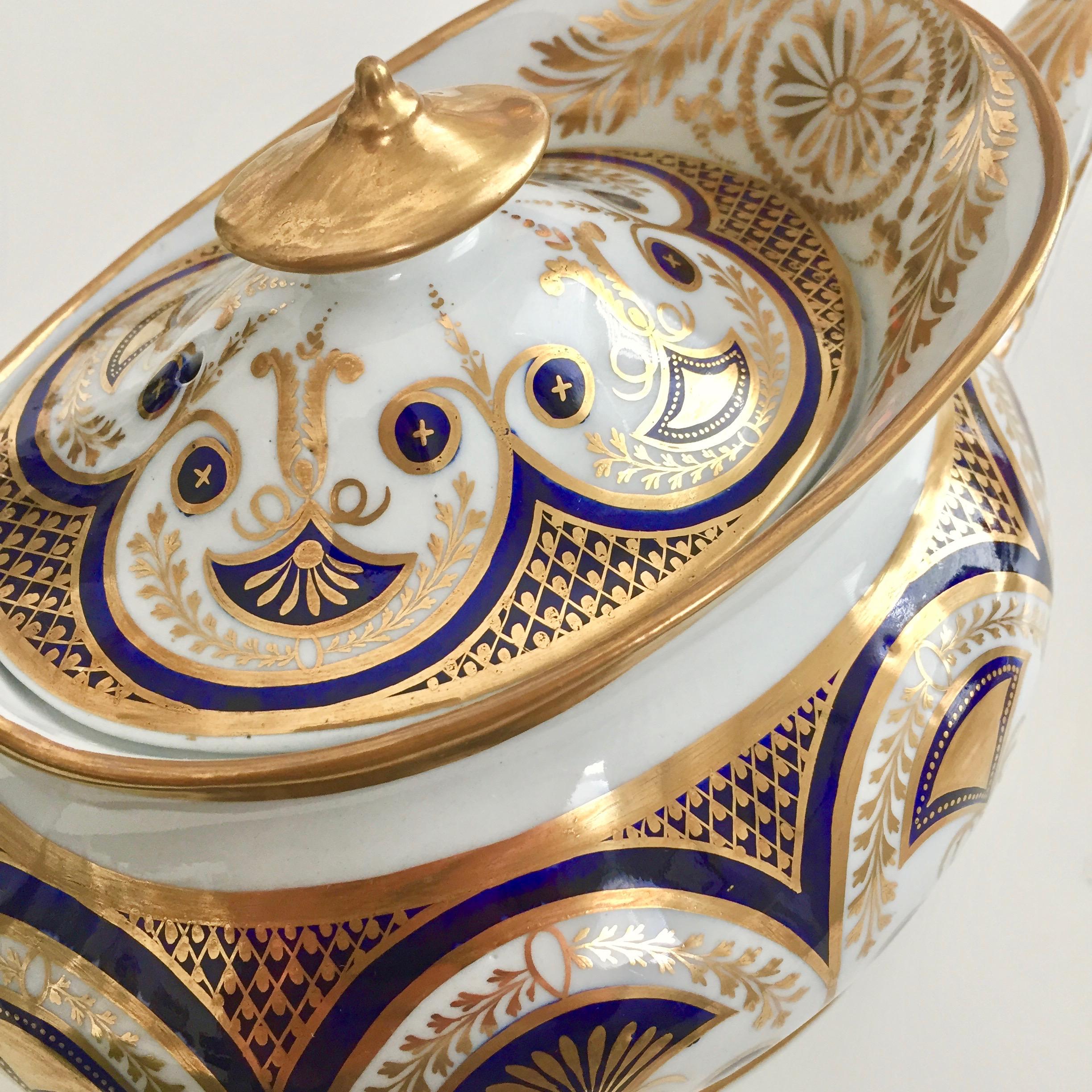 English New Hall Porcelain Teapot, Boat Shape Cobalt Blue and Gilt, Regency ca 1810