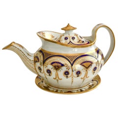 New Hall Porcelain Teapot, Boat Shape Cobalt Blue and Gilt, Regency ca 1810