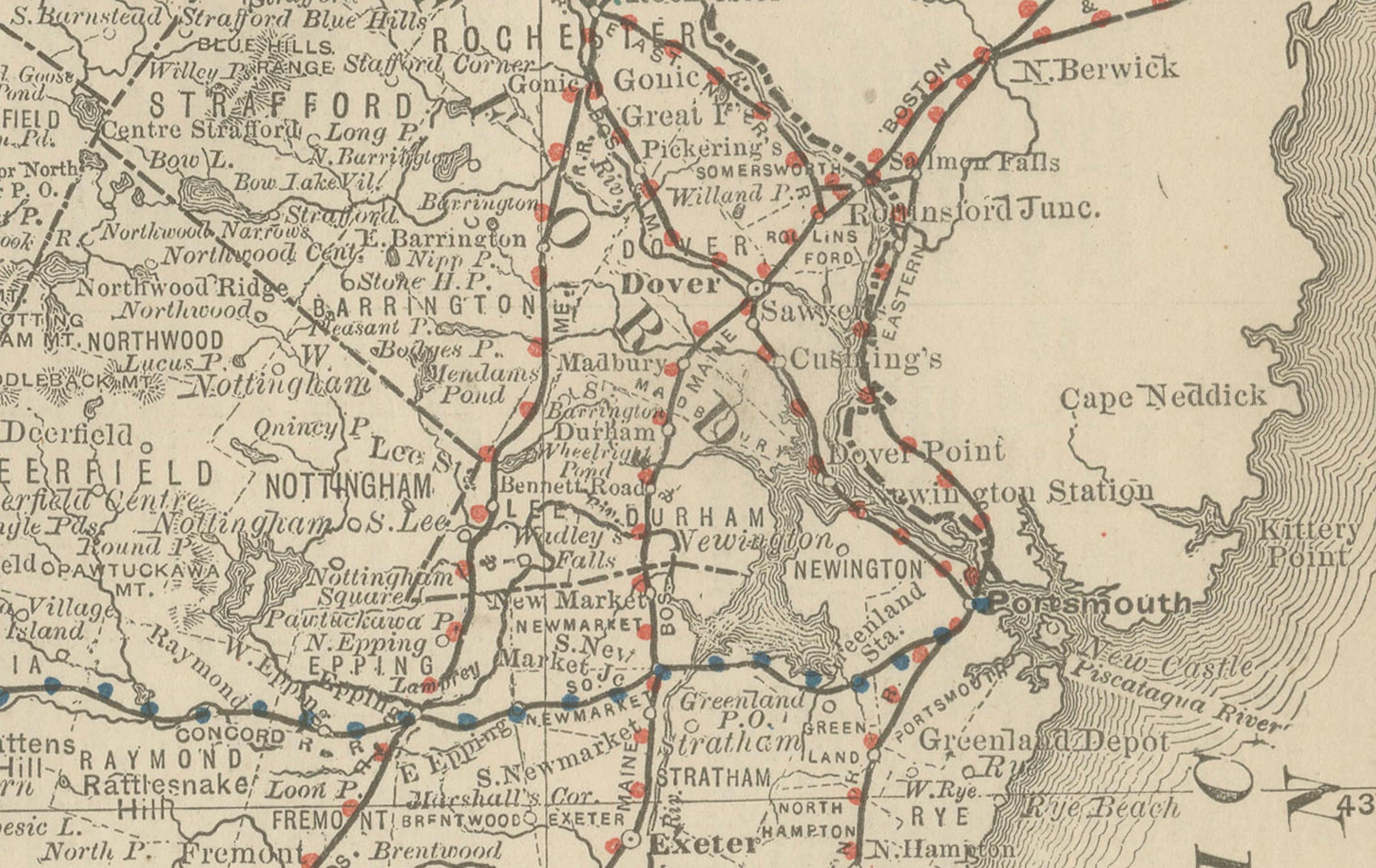 New Hampshire Antike Eisenbahnkarte c.1888 - Granite State Counties & Cities im Zustand „Gut“ im Angebot in Langweer, NL