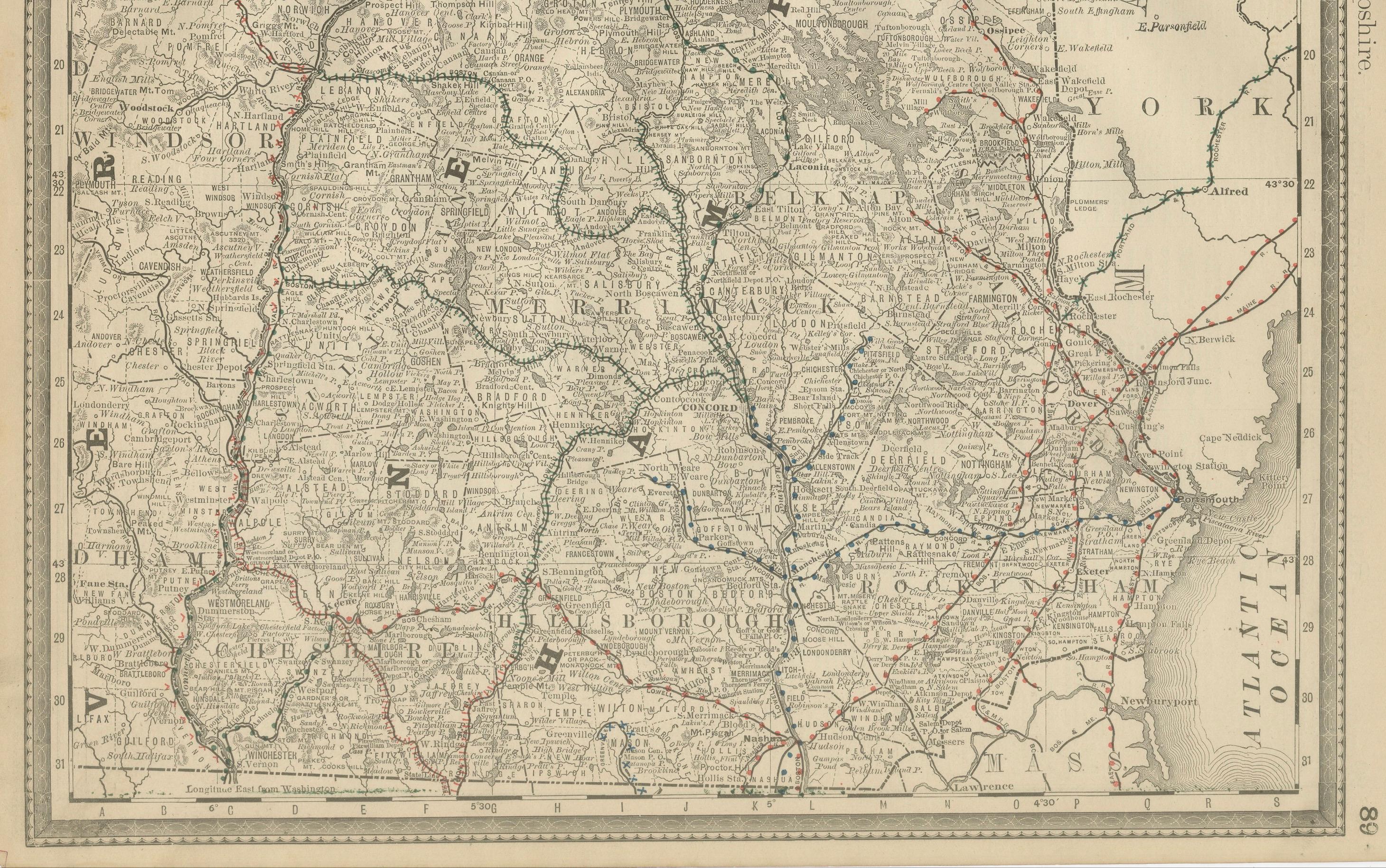 New Hampshire Antike Eisenbahnkarte c.1888 - Granite State Counties & Cities (19. Jahrhundert) im Angebot