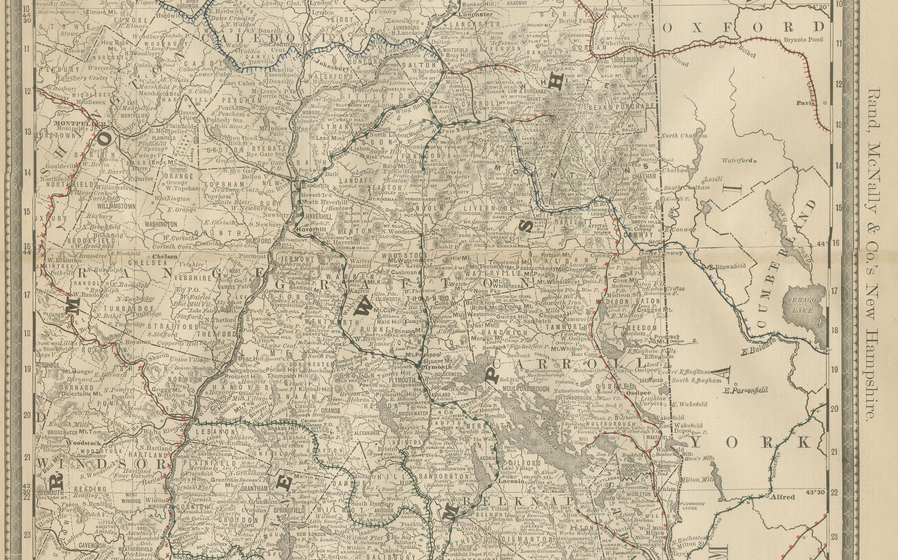 New Hampshire Antike Eisenbahnkarte c.1888 - Granite State Counties & Cities (Papier) im Angebot