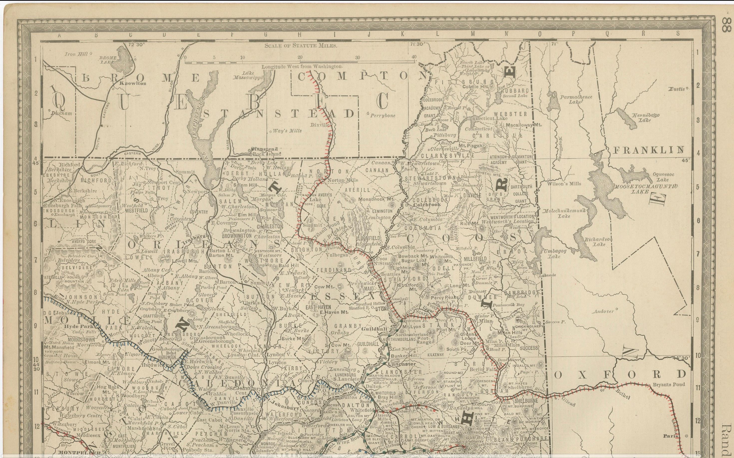 New Hampshire Antike Eisenbahnkarte c.1888 - Granite State Counties & Cities im Angebot 1