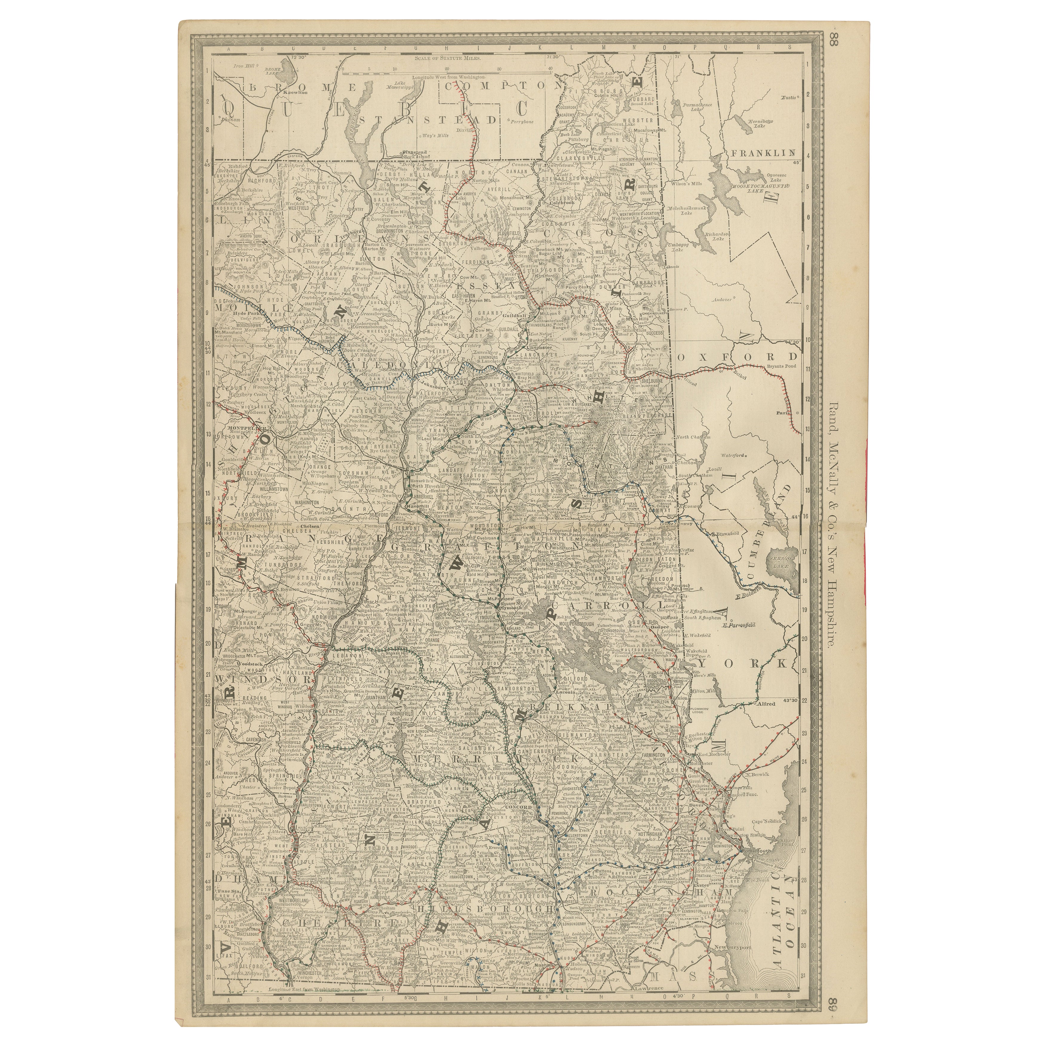 New Hampshire Antique Railroad Map c.1888 – Granite State Counties & Cities
