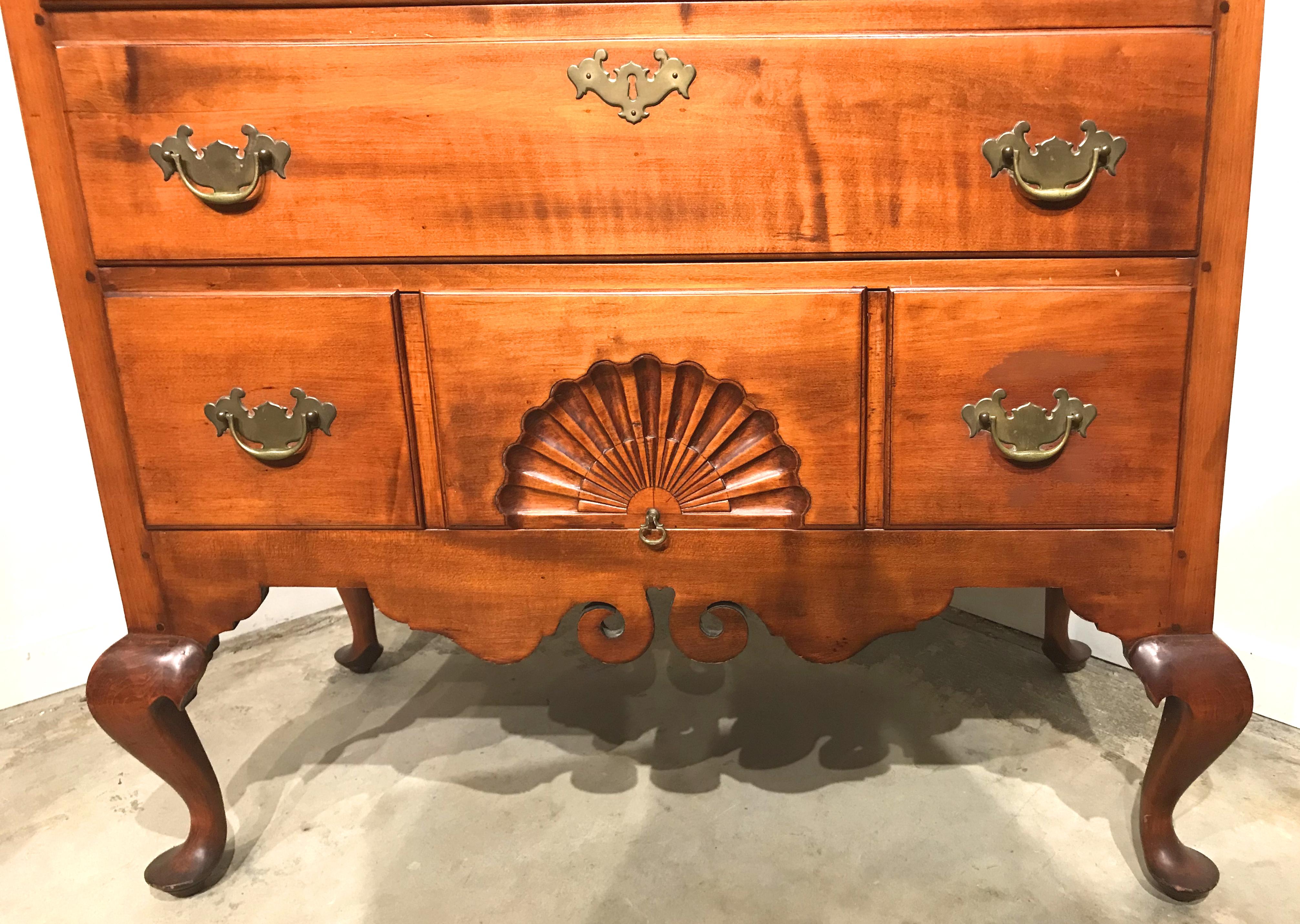 American New Hampshire Dunlap School Tiger Maple Chest on Chest or Highboy, circa 1780