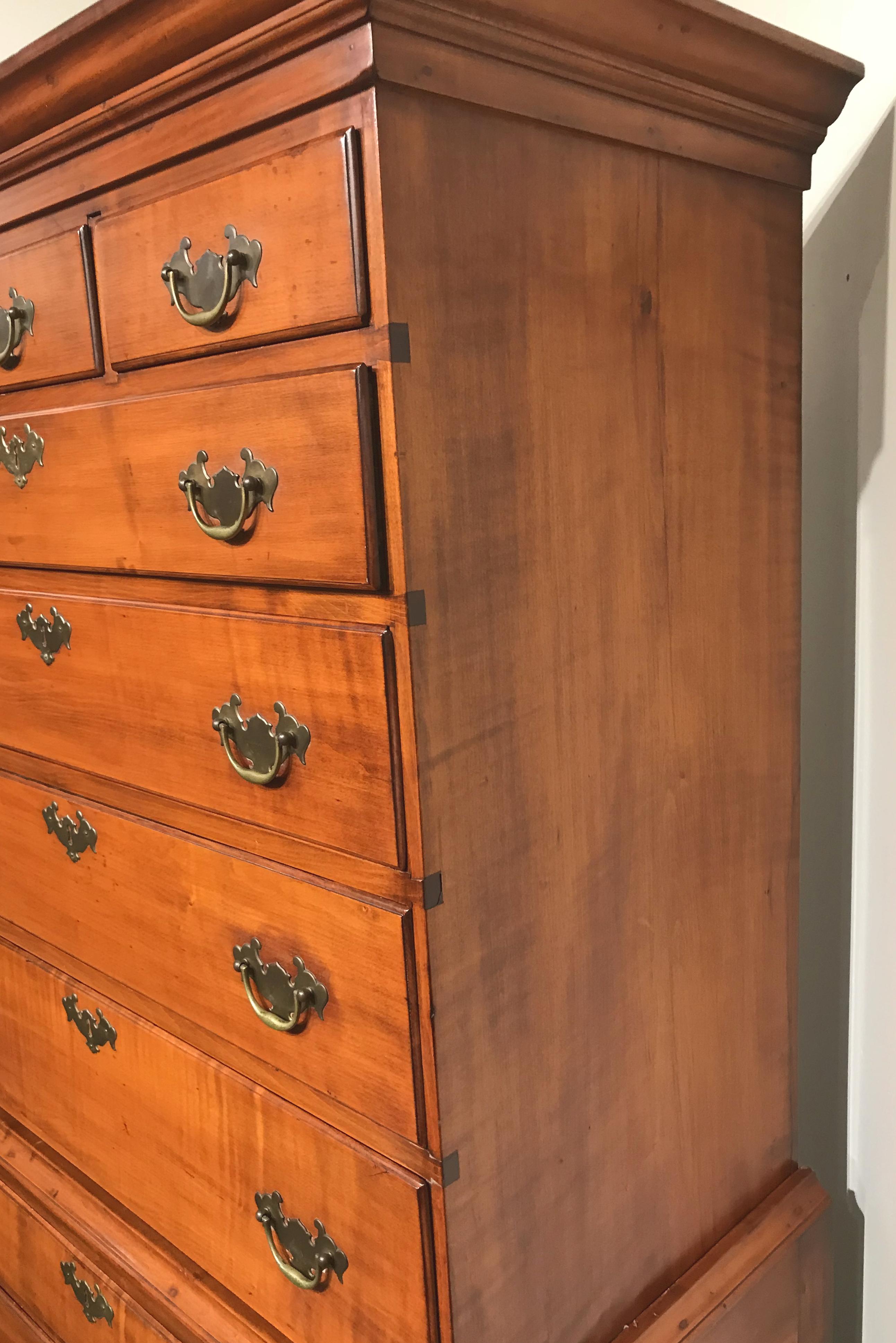 Hand-Carved New Hampshire Dunlap School Tiger Maple Chest on Chest or Highboy, circa 1780