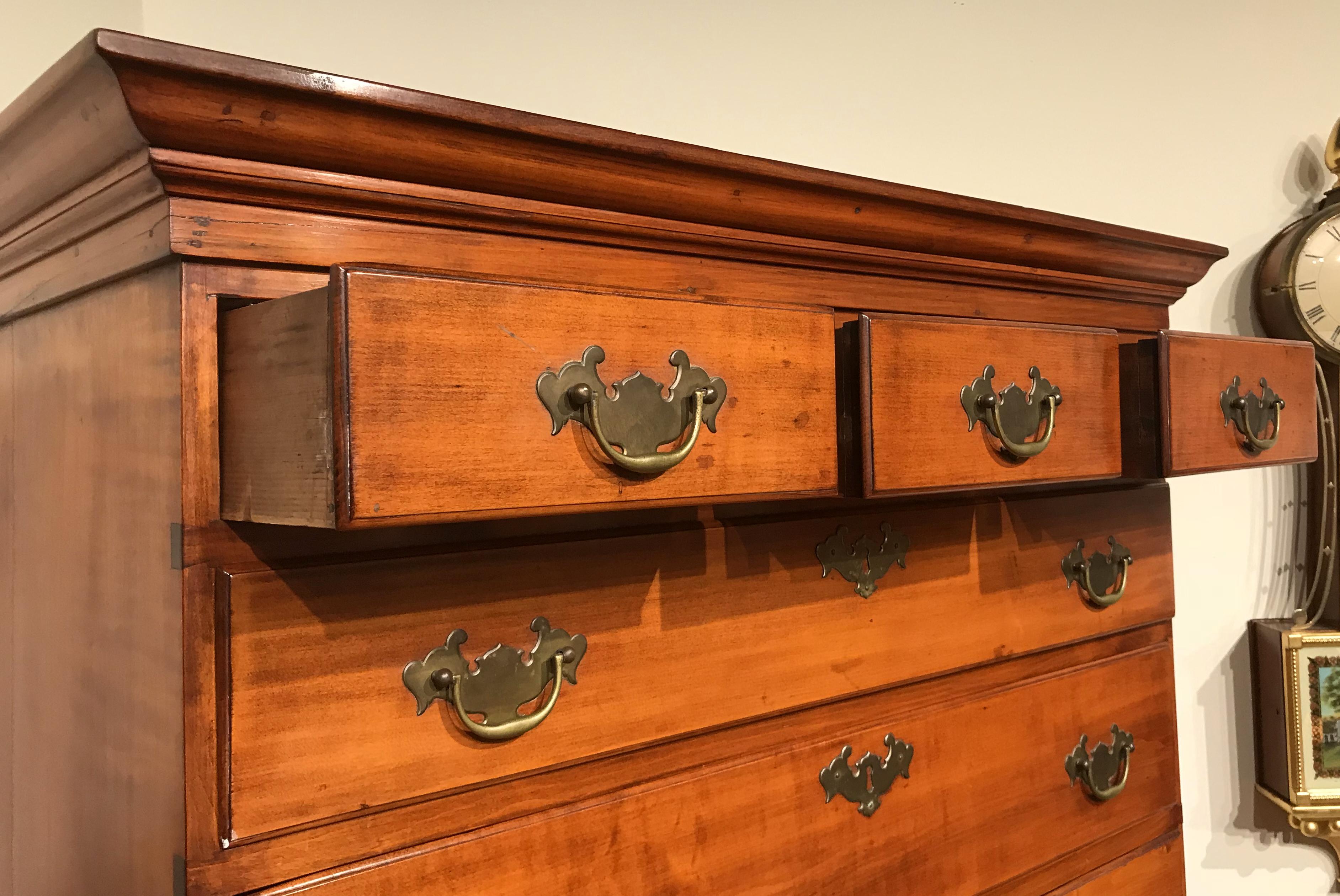 New Hampshire Dunlap School Tiger Maple Chest on Chest or Highboy, circa 1780 1