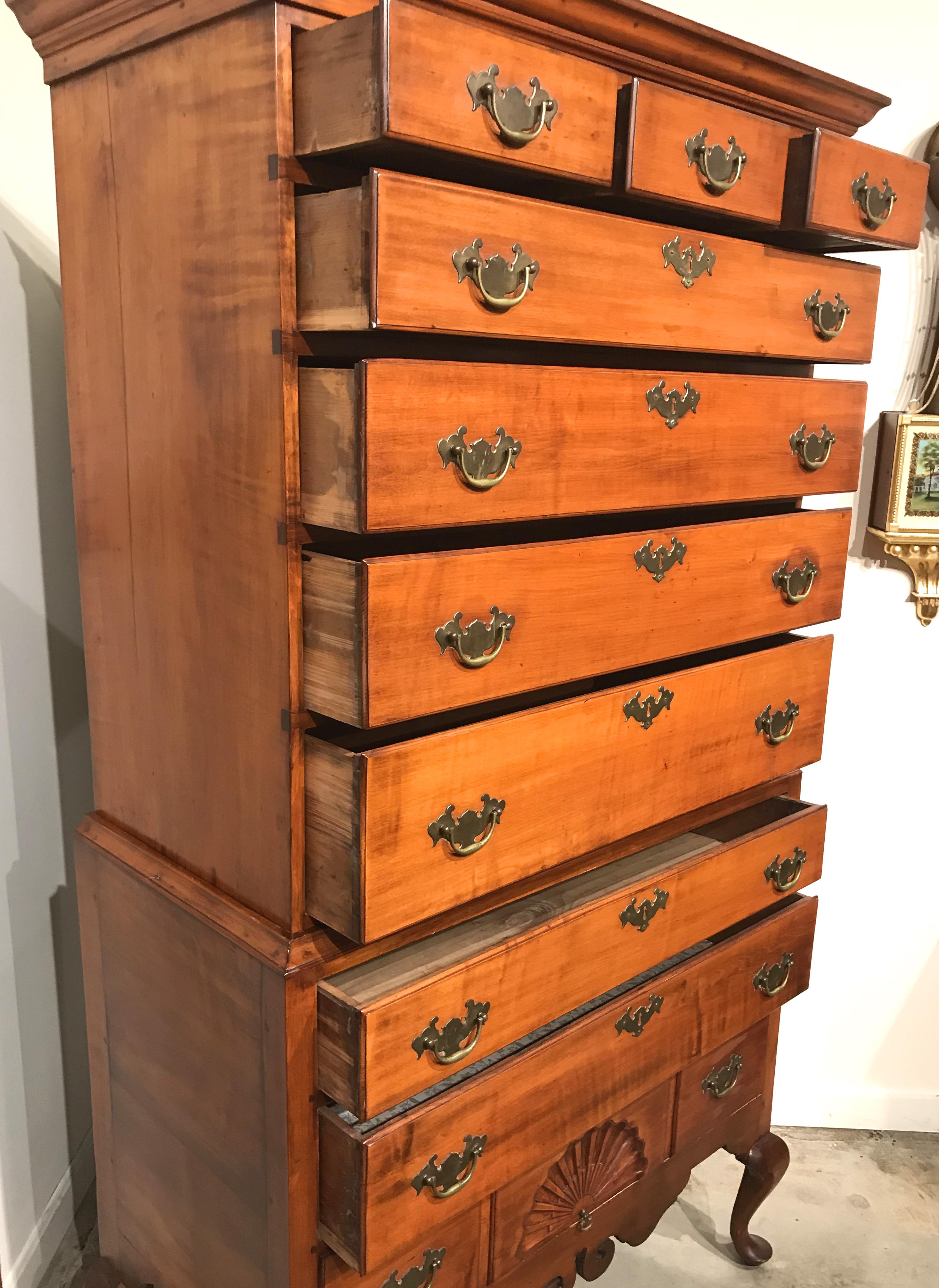 New Hampshire Dunlap School Tiger Maple Chest on Chest or Highboy, circa 1780 2