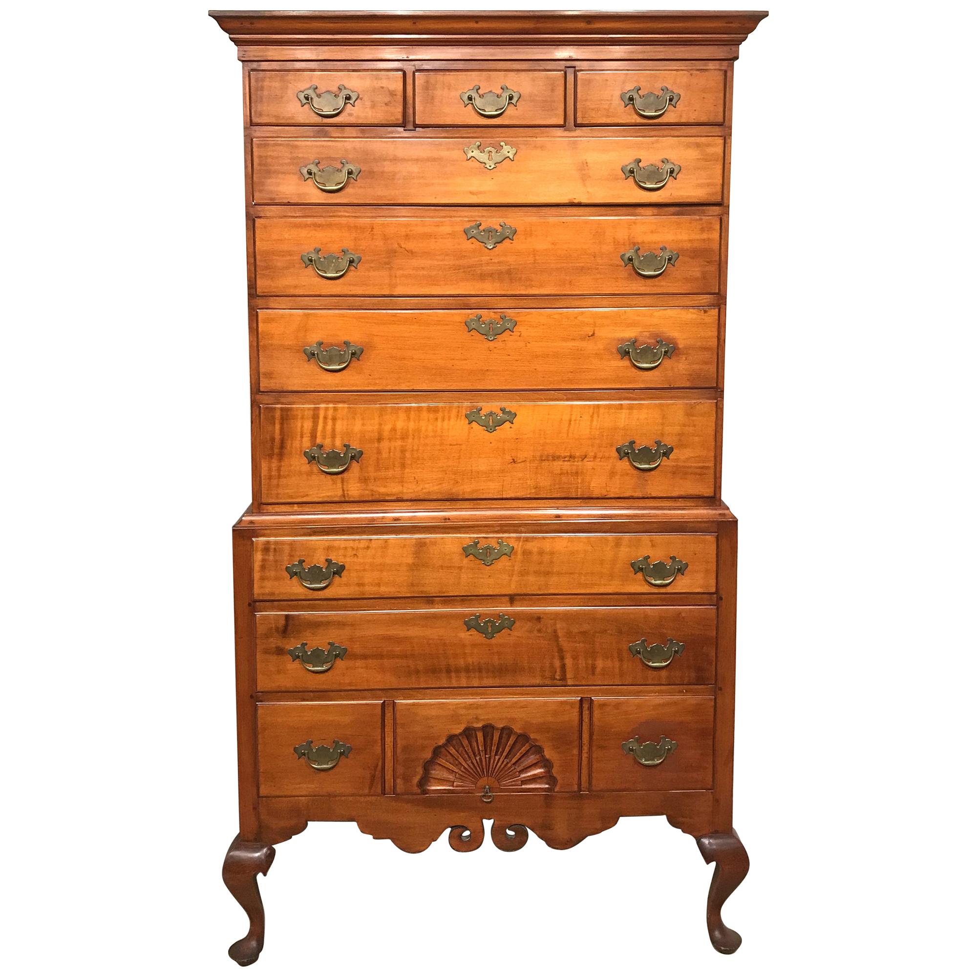 New Hampshire Dunlap School Tiger Maple Chest on Chest or Highboy, circa 1780
