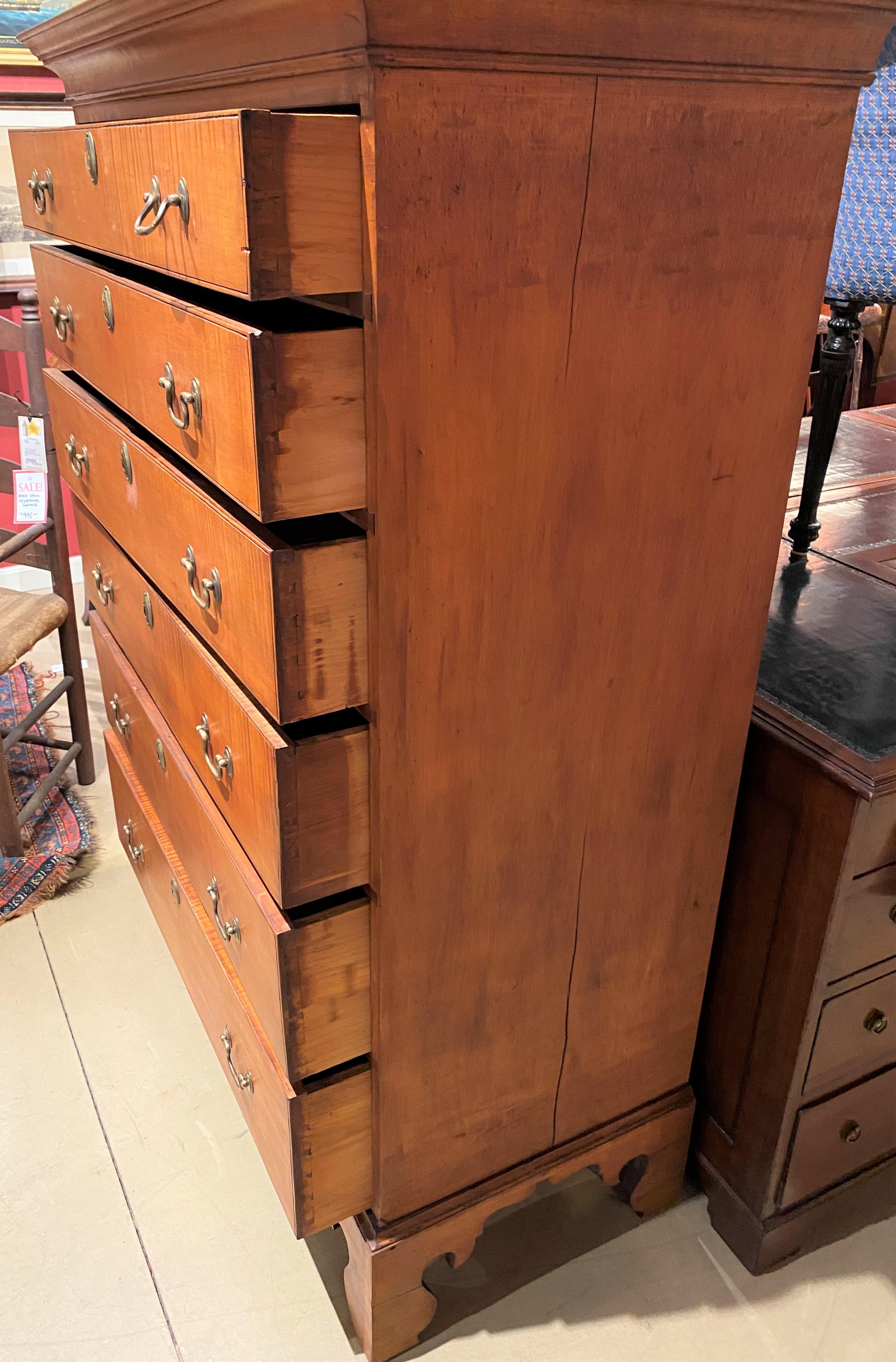 Late 18th Century New Hampshire Tiger Maple Six Drawer Tall Chest circa 1780