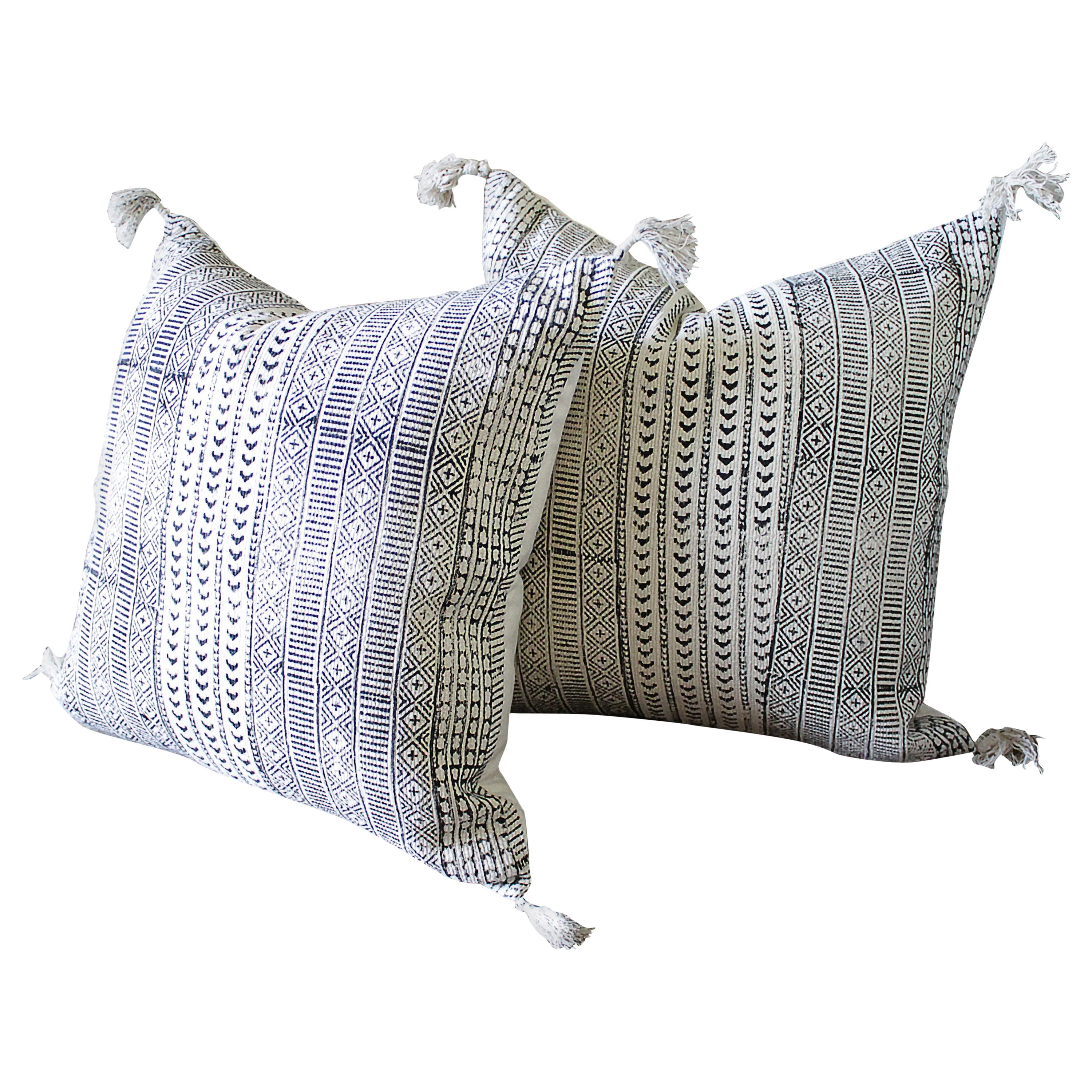 New Hand Blocked Printed Pillows With Tassels At 1stdibs