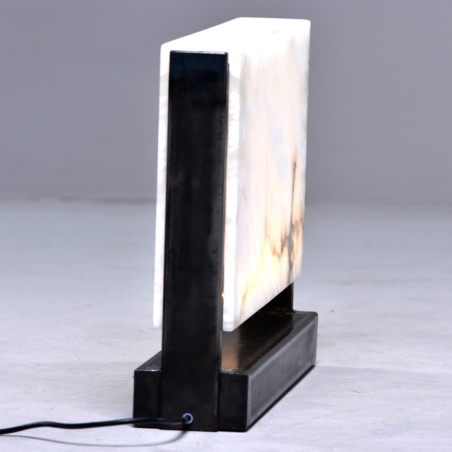 Iron New Hand Carved Italian Alabaster Rectangular LED Table Lamp For Sale