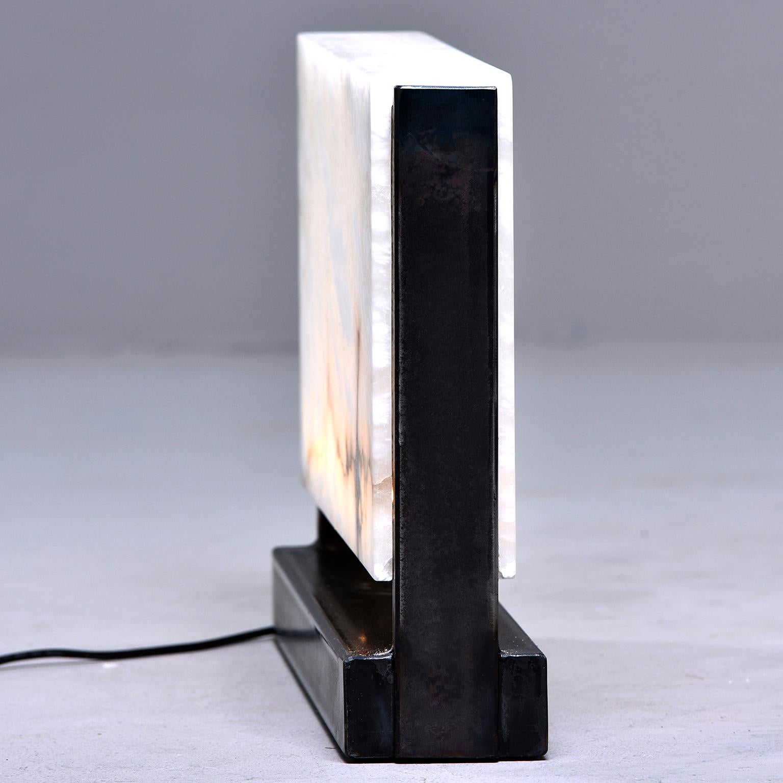 New Hand Carved Italian Alabaster Rectangular LED Table Lamp For Sale 2