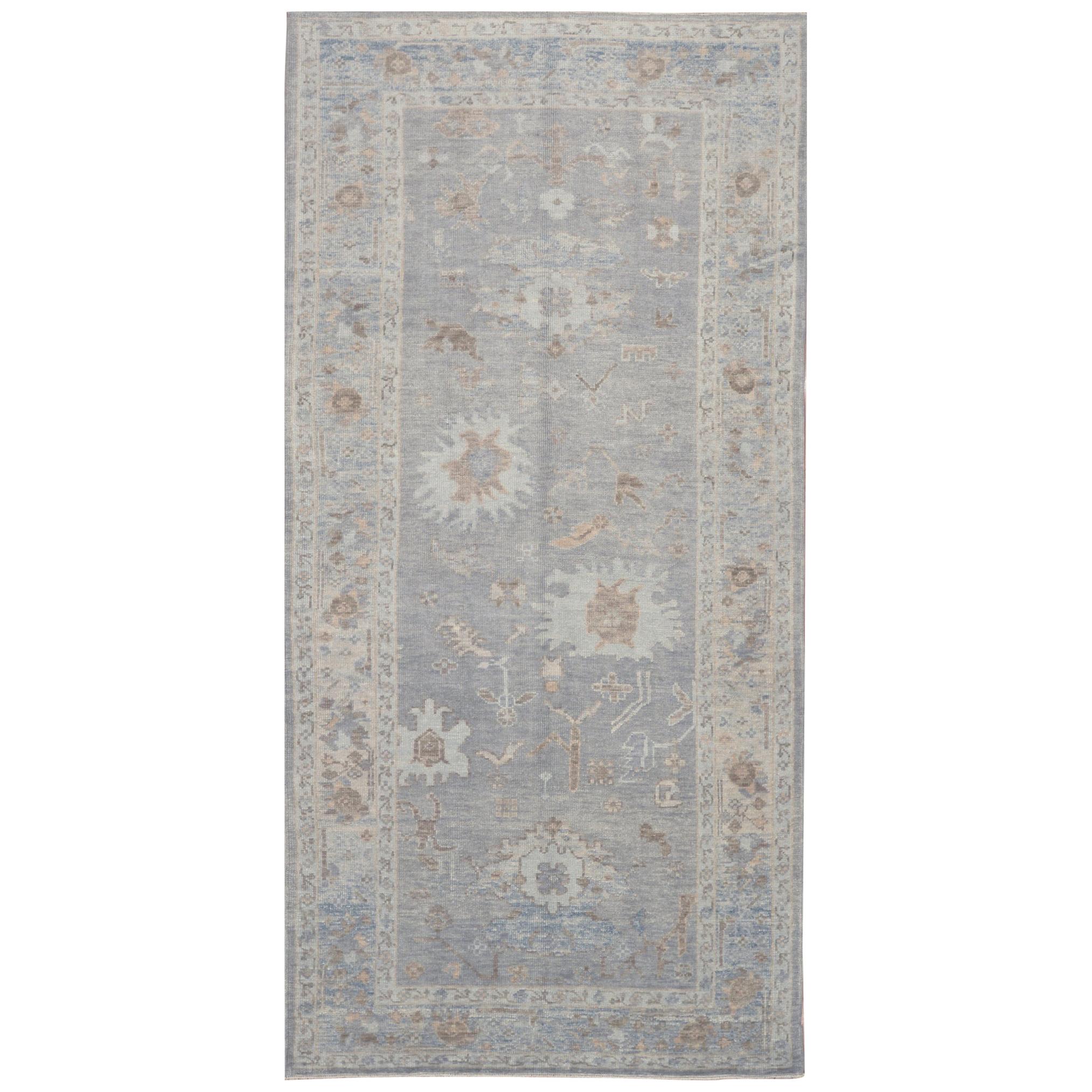 New Hand Knotted Gallery Size Wool Gray Oushak Runner Rug For Sale