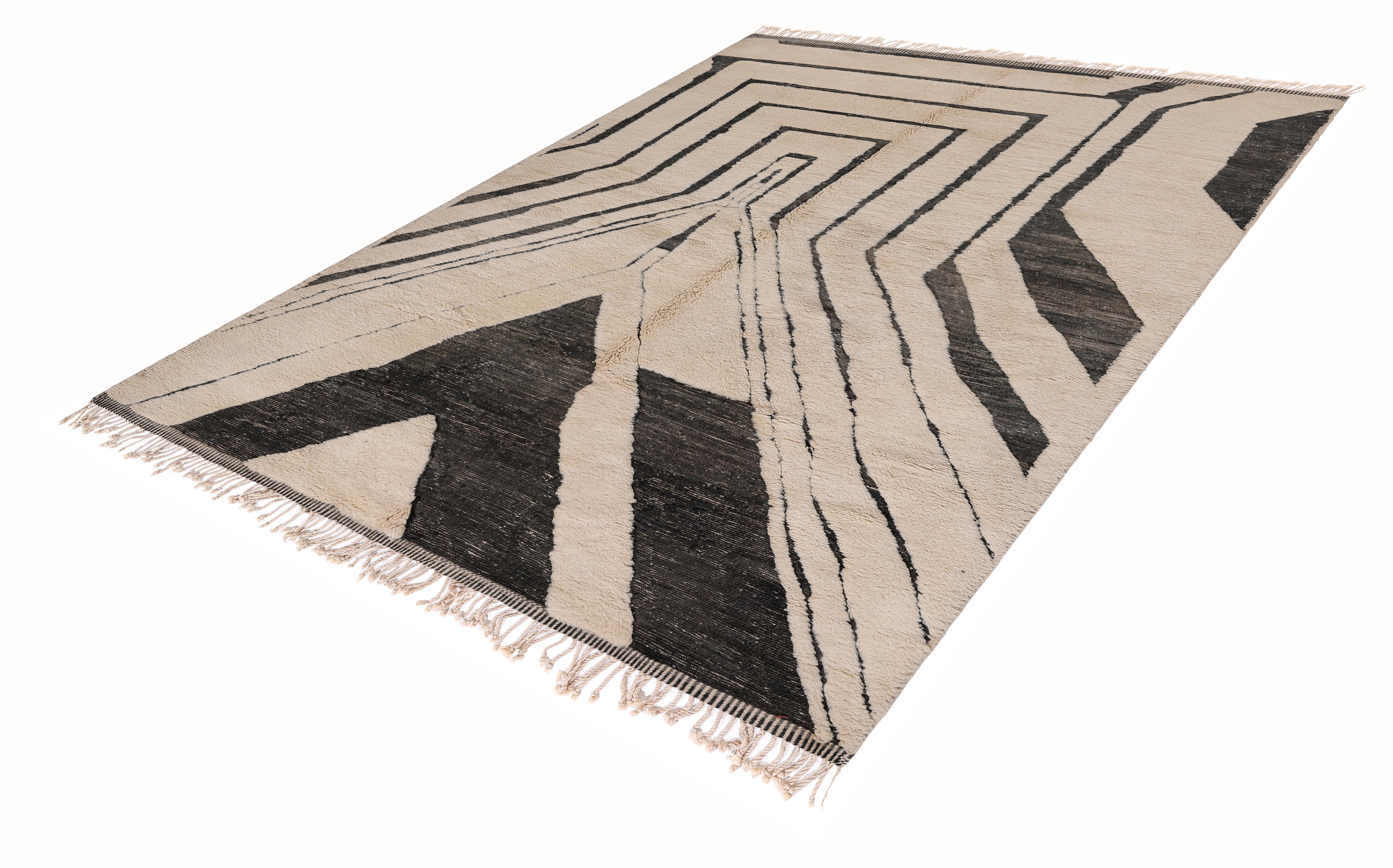 New Hand-Knotted Moroccan Rug in Cream and Black Abstract Geometric Design In New Condition For Sale In New York, NY