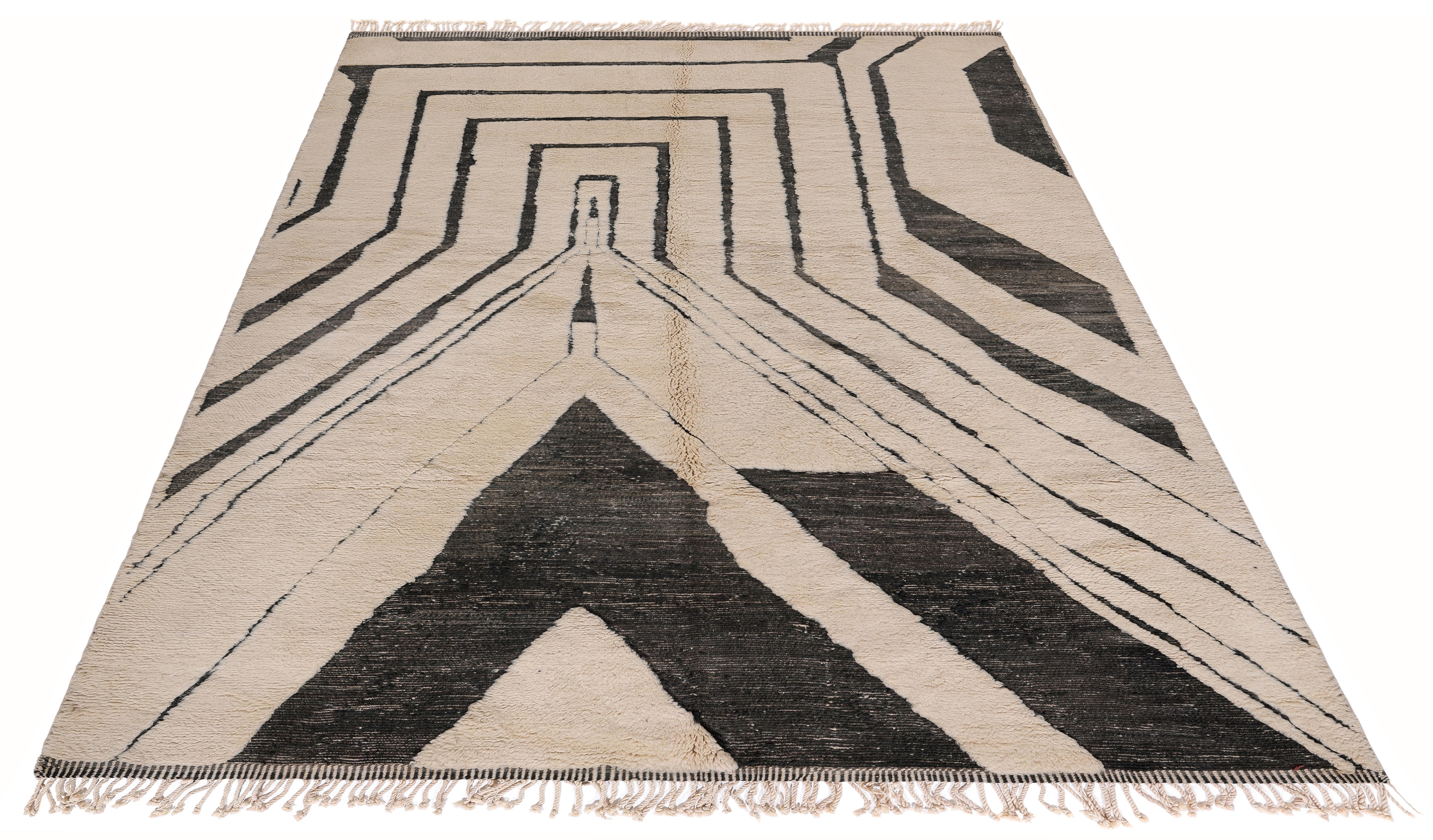 Wool New Hand-Knotted Moroccan Rug in Cream and Black Abstract Geometric Design For Sale