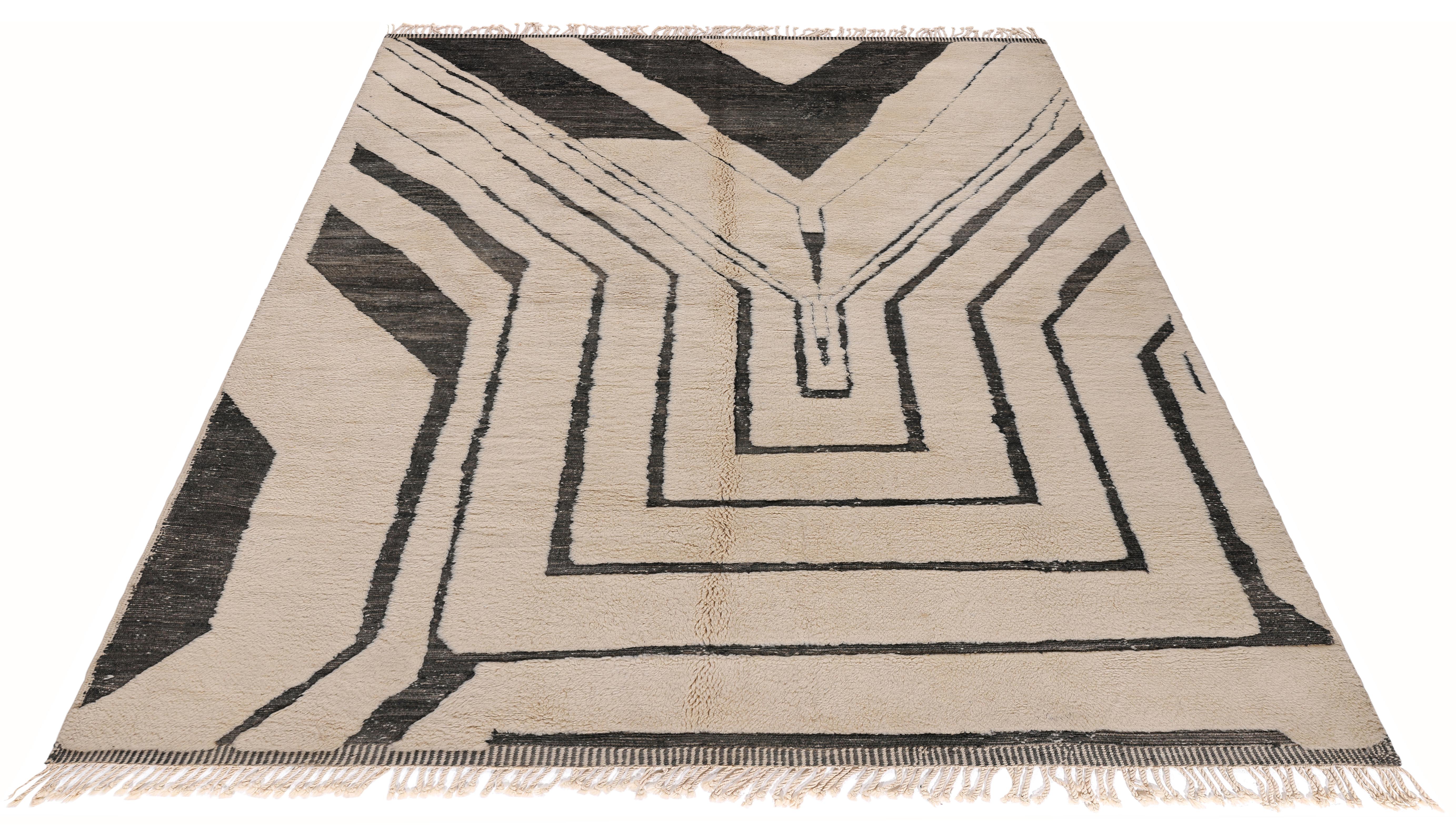 New Hand-Knotted Moroccan Rug in Cream and Black Abstract Geometric Design For Sale 1