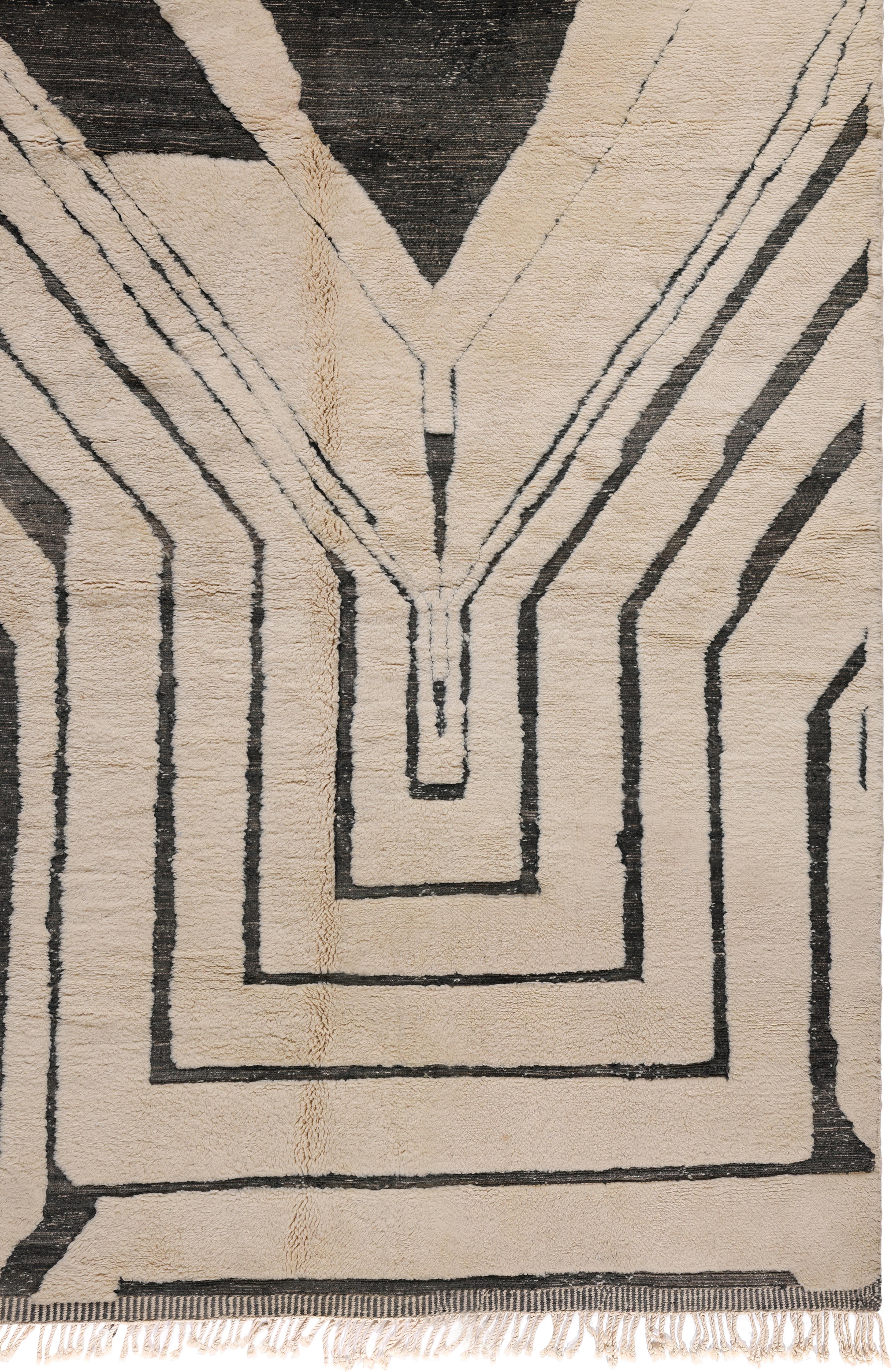 New Hand-Knotted Moroccan Rug in Cream and Black Abstract Geometric Design For Sale 3
