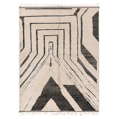 New Hand-Knotted Moroccan Rug in Cream and Black Abstract Geometric Design