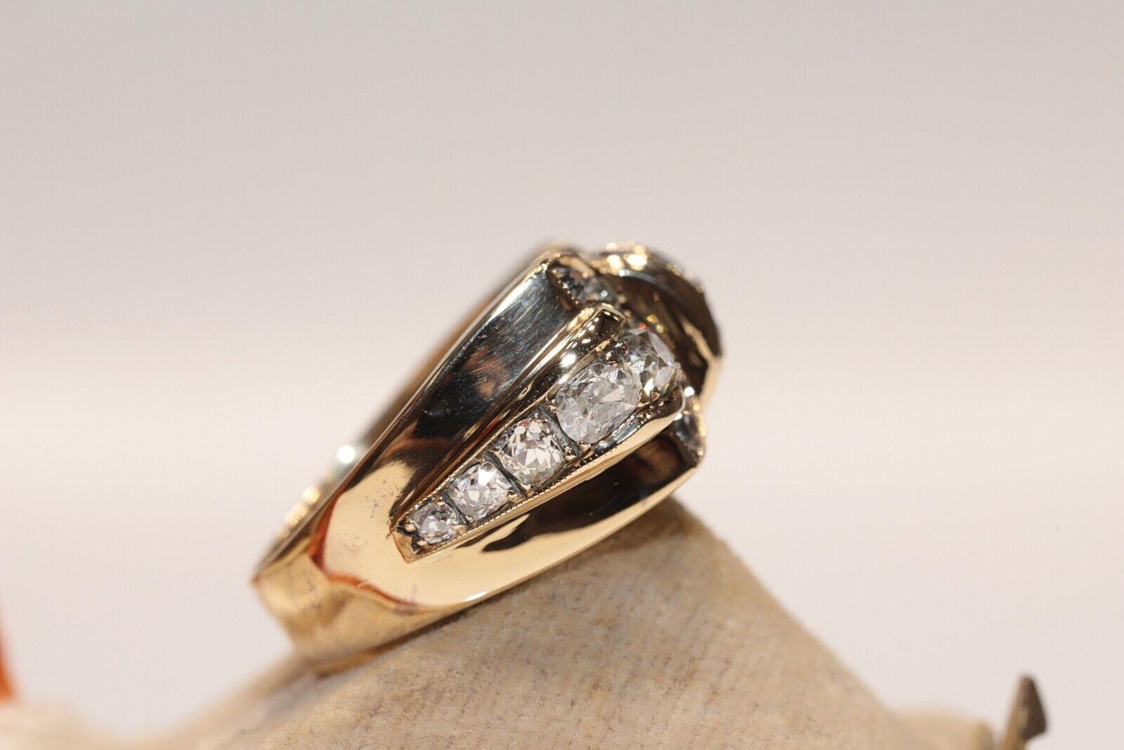 New Hand Made 14k Gold Natural Old Cut Diamond Decorated Tank Ring For Sale 7