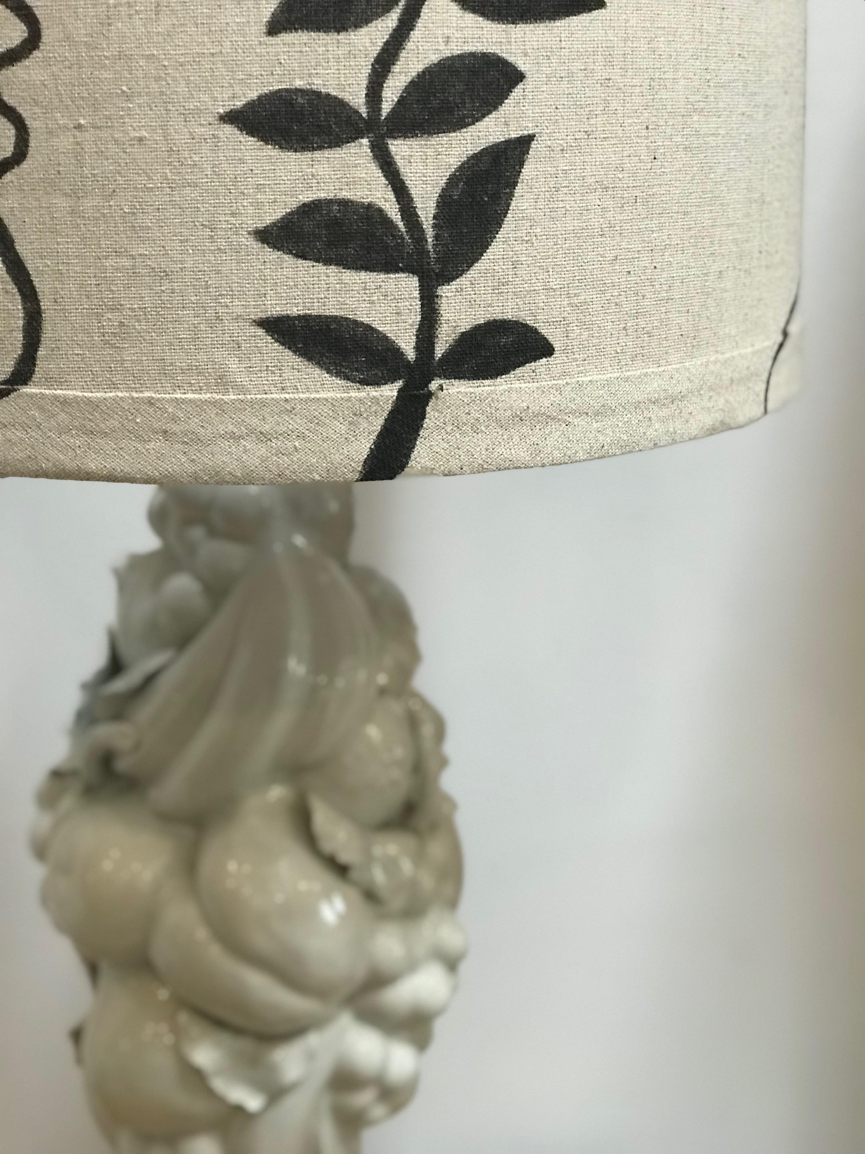 20th Century Hand Painted Shade by RF. Alvarez on 1970s Blanc De Chine Topiary Table Lamp