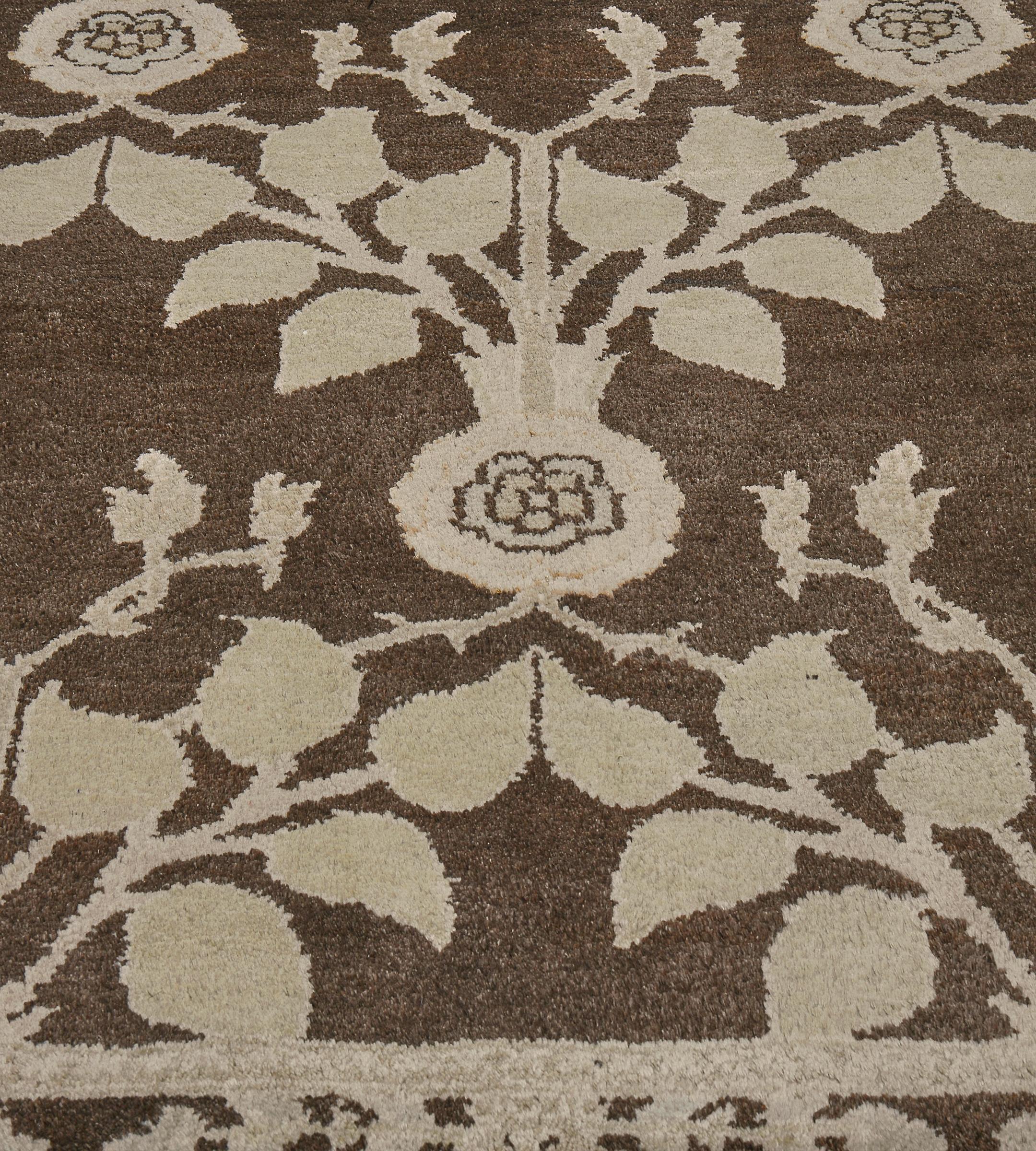 New Hand-Woven Brown Floral Arts & Crafts Voysey-Inspired Rug For Sale 3