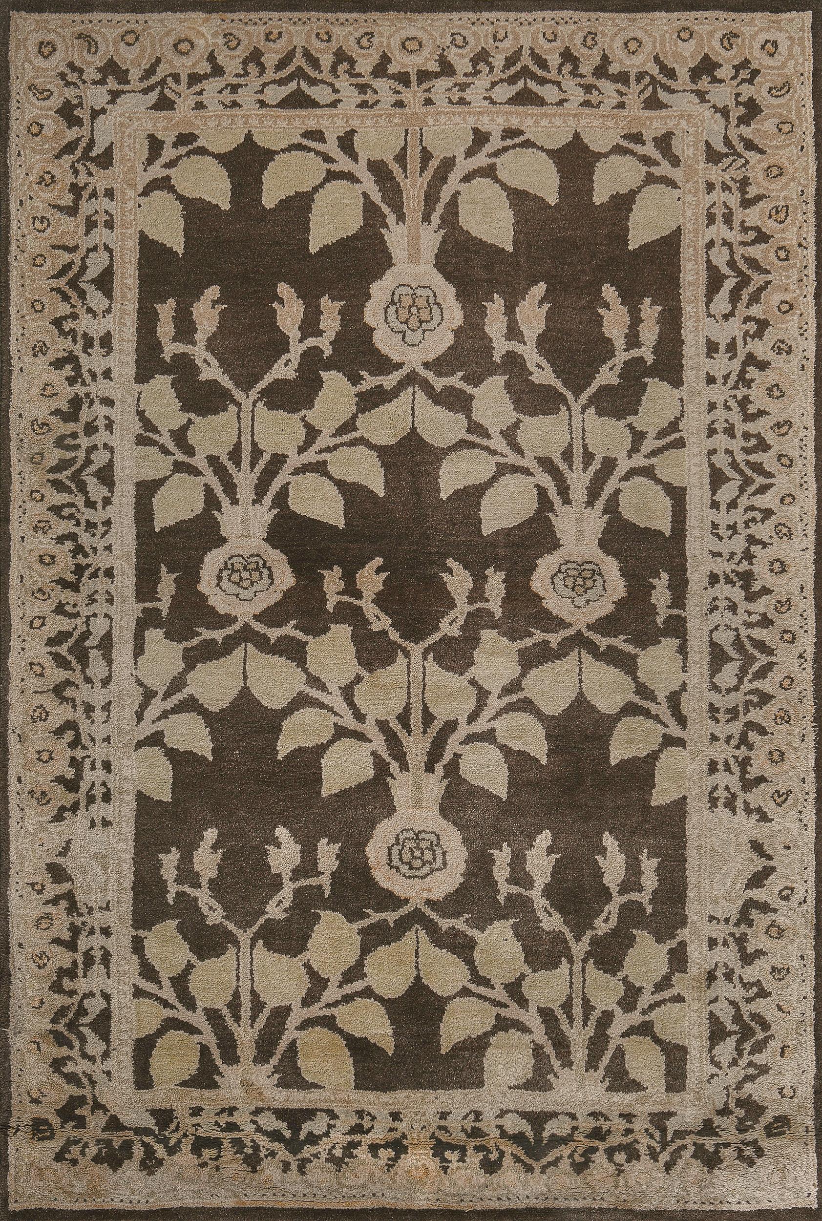 New Hand-Woven Brown Floral Arts & Crafts Voysey-Inspired Rug