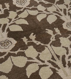 New Hand-Woven Brown Floral Arts & Crafts Voysey-Inspired Rug