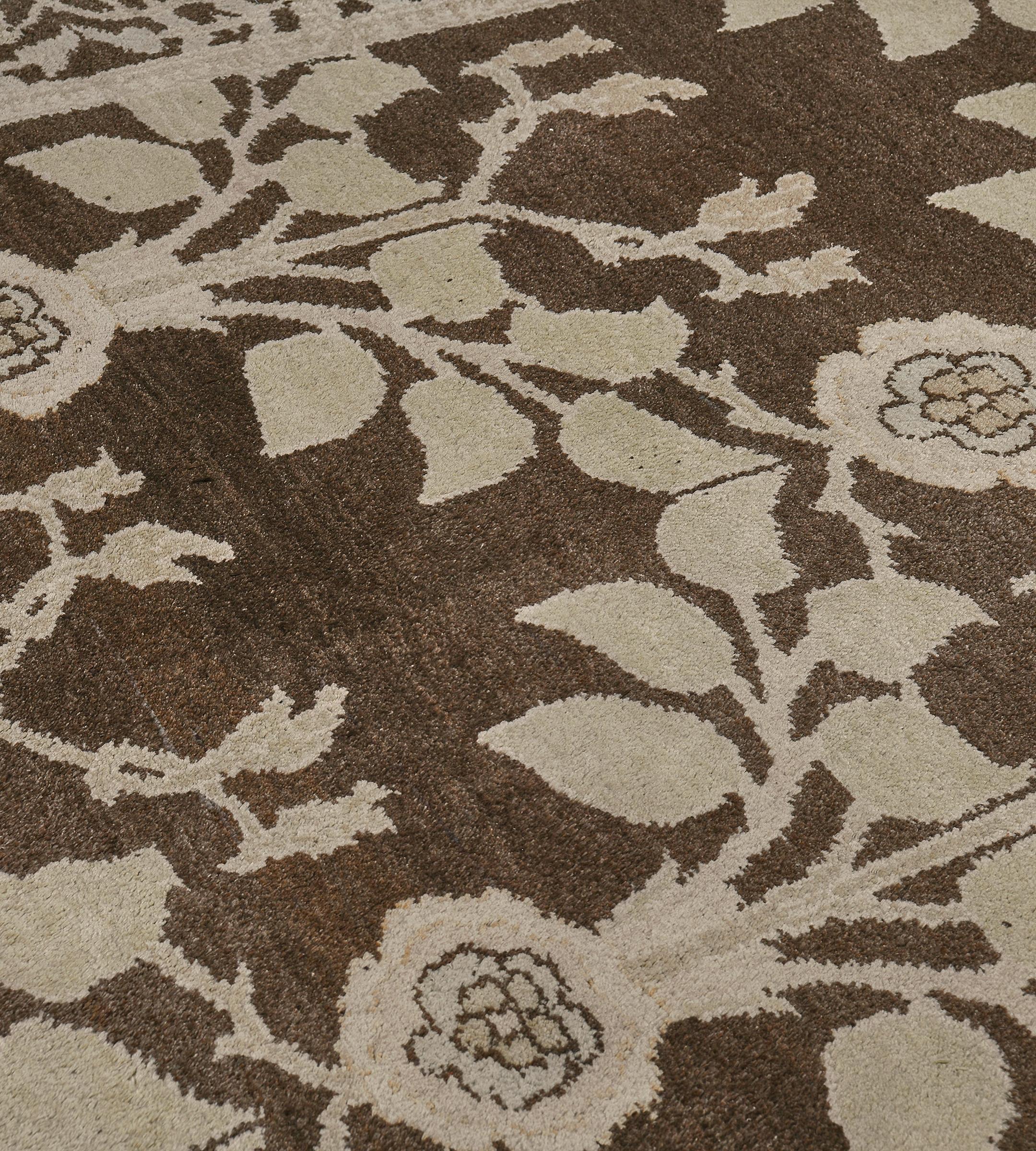 Contemporary New Hand-Woven Brown Floral Arts & Crafts Voysey-Inspired Rug For Sale