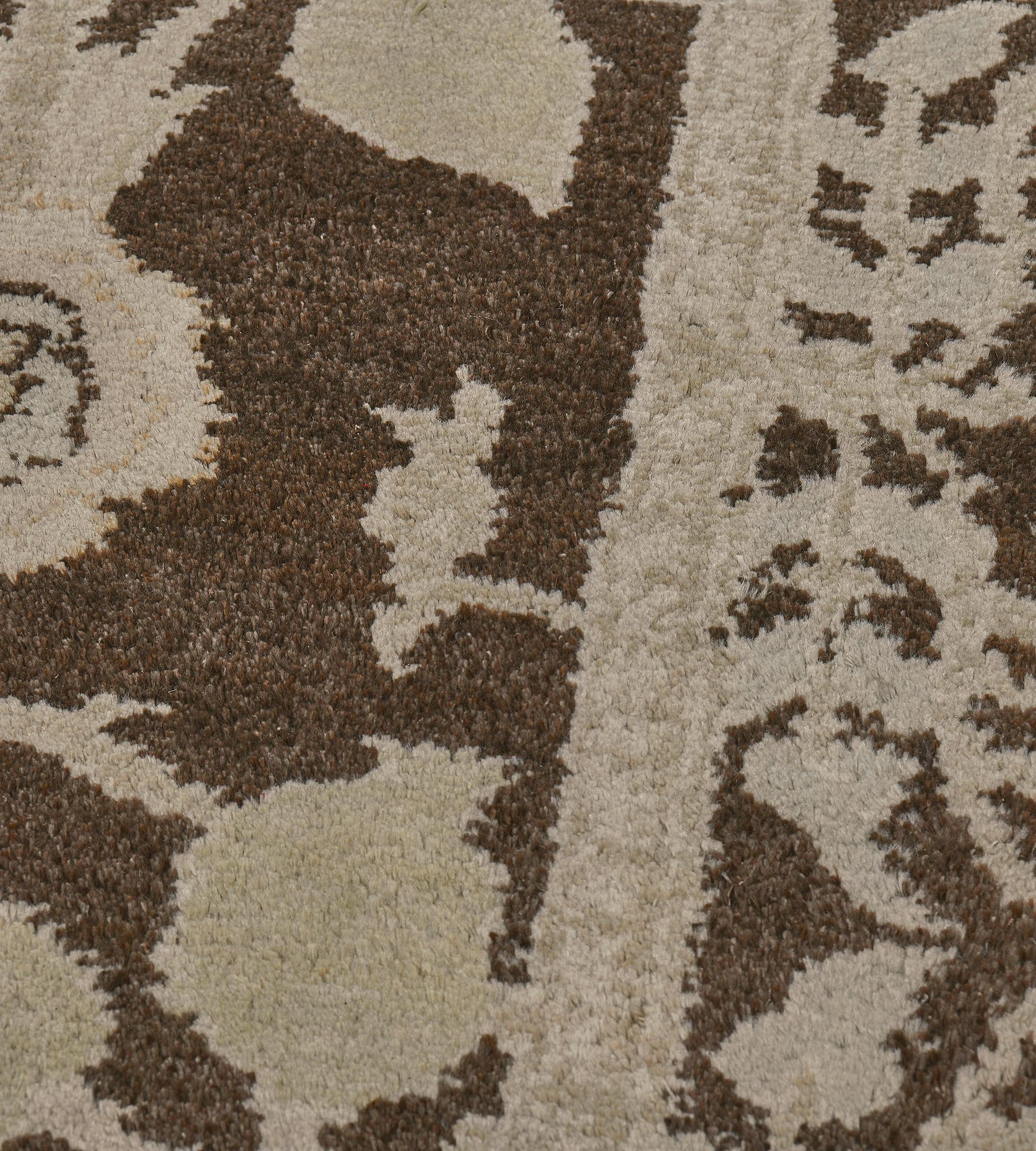 Wool New Hand-Woven Brown Floral Arts & Crafts Voysey-Inspired Rug For Sale