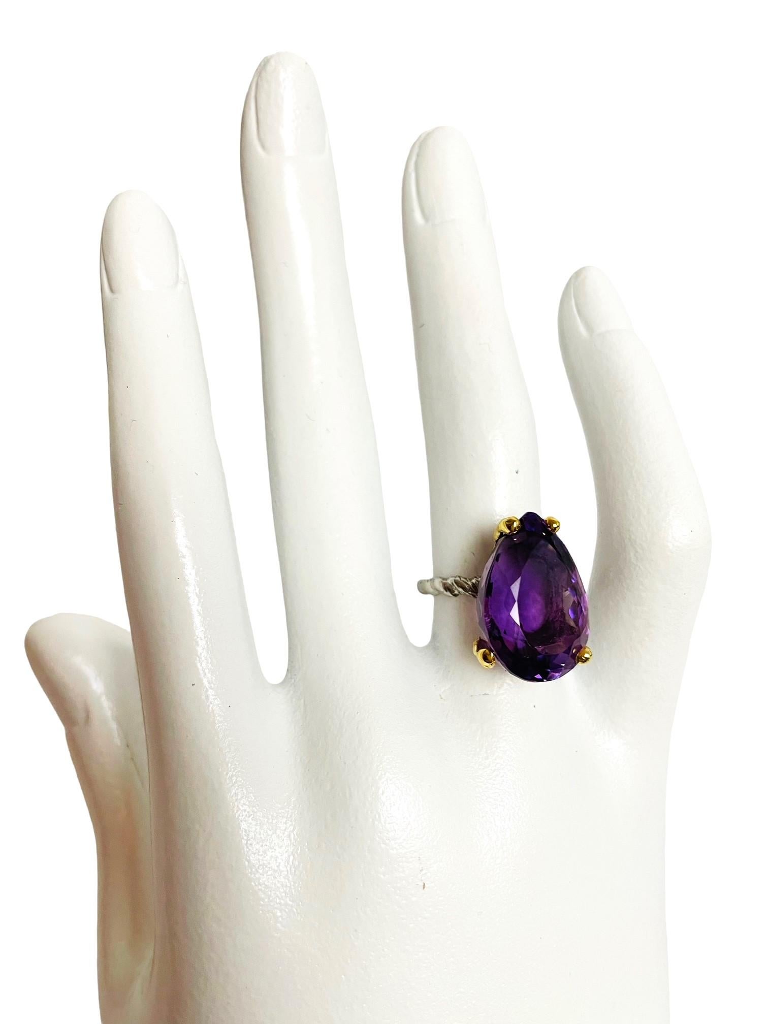 Artisan New Handcrafted 2-Tone Pear Purple Amethyst 14k Gold Plated Sterling Ring