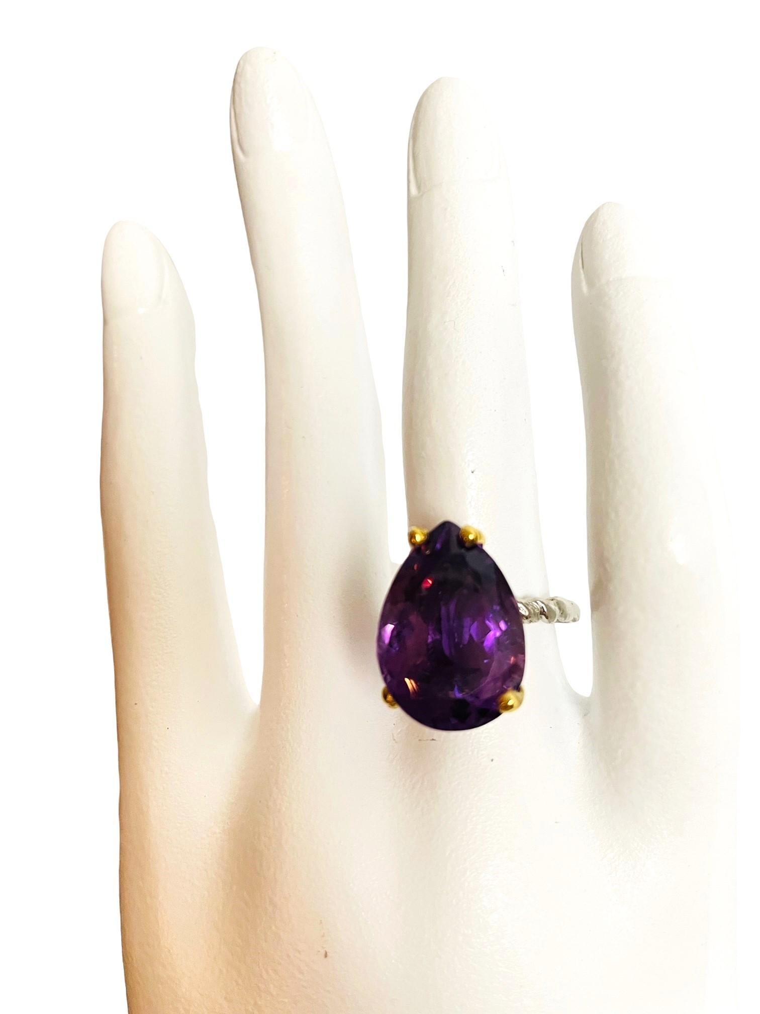 Pear Cut New Handcrafted 2-Tone Pear Purple Amethyst 14k Gold Plated Sterling Ring