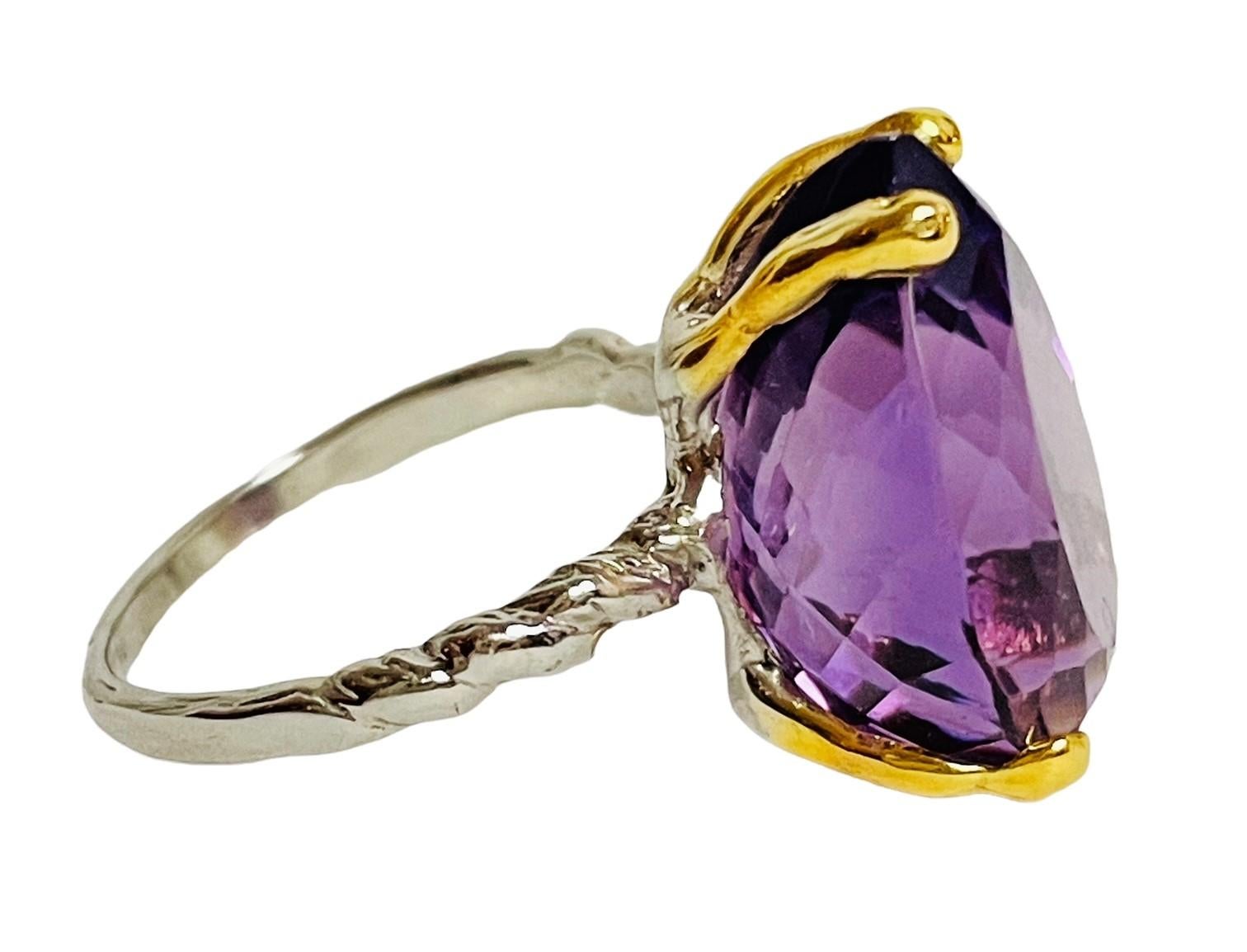 New Handcrafted 2-Tone Pear Purple Amethyst 14k Gold Plated Sterling Ring In New Condition In Eagan, MN