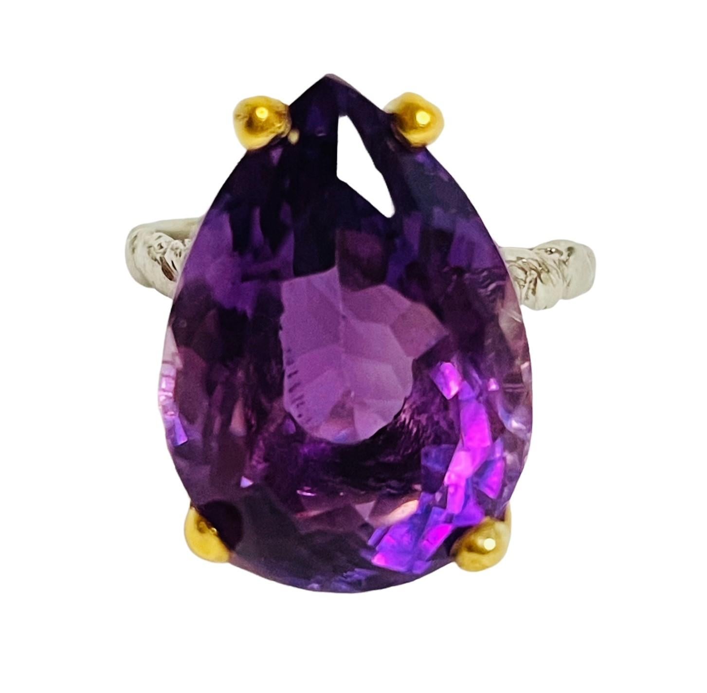 Women's New Handcrafted 2-Tone Pear Purple Amethyst 14k Gold Plated Sterling Ring
