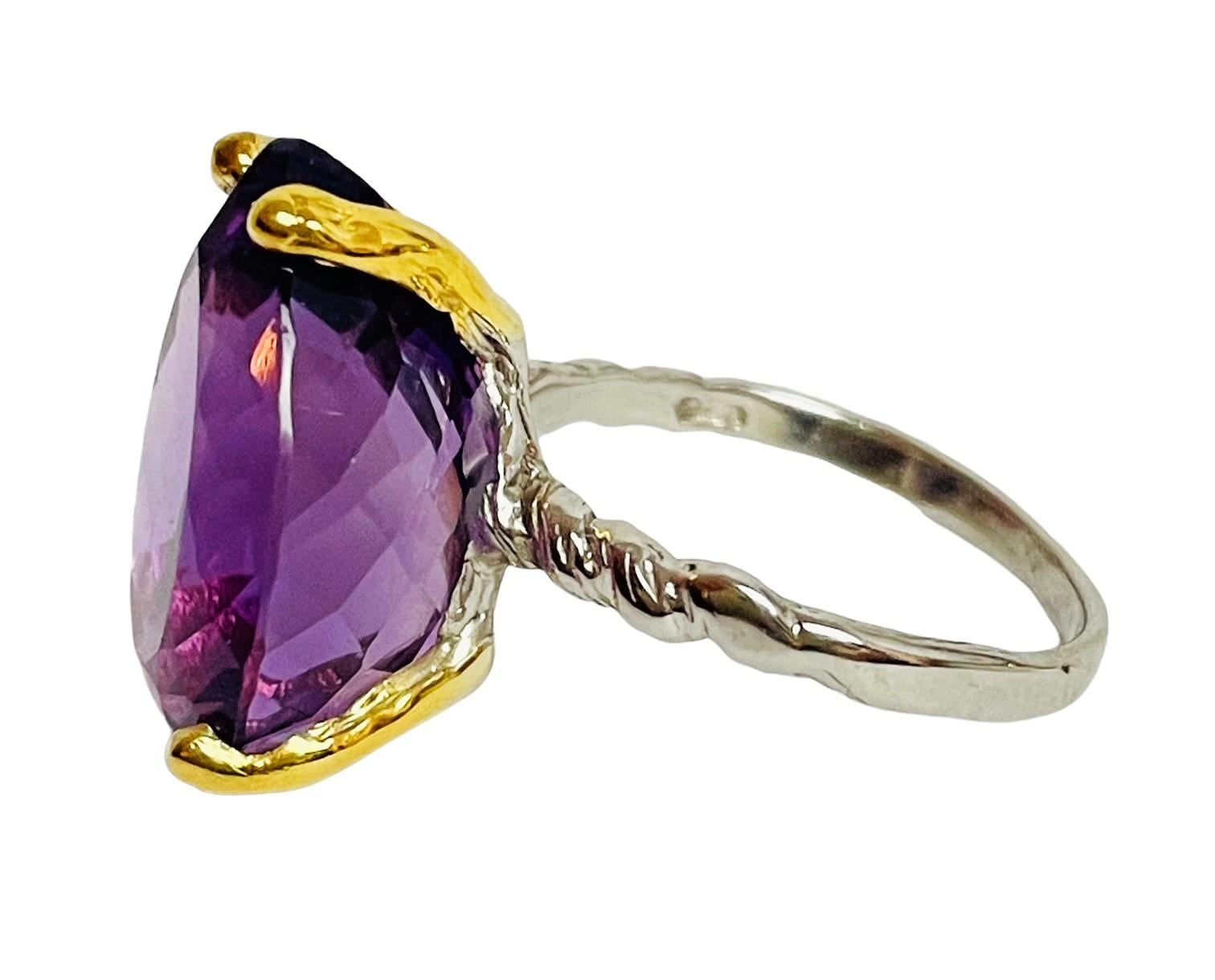 New Handcrafted 2-Tone Pear Purple Amethyst 14k Gold Plated Sterling Ring 1