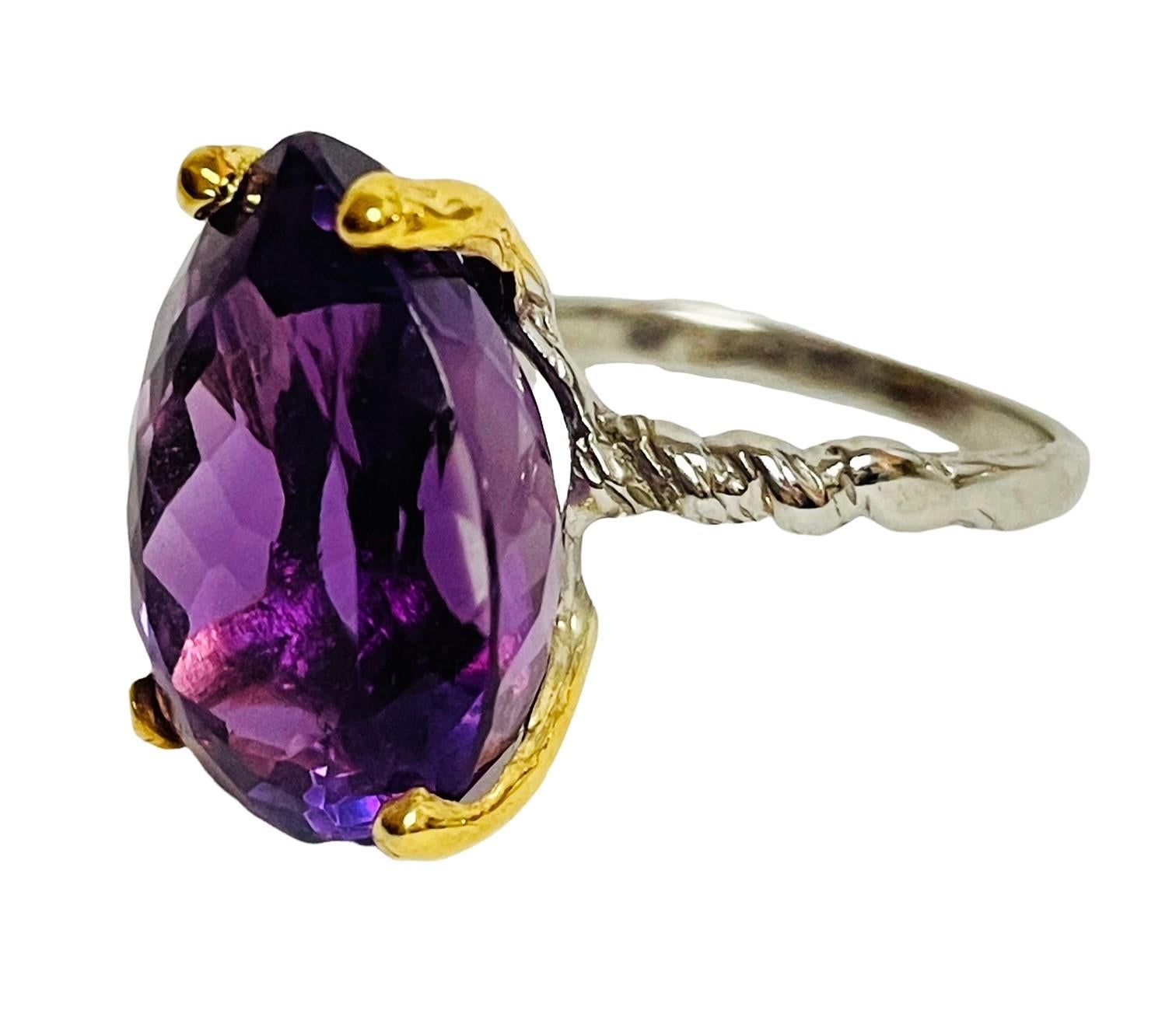 New Handcrafted 2-Tone Pear Purple Amethyst 14k Gold Plated Sterling Ring 2
