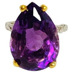 New Handcrafted 2-Tone Pear Purple Amethyst 14k Gold Plated Sterling Ring