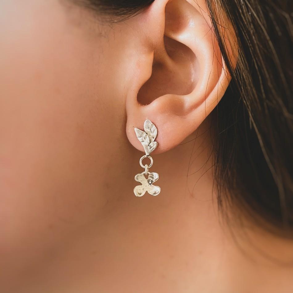 Artisan New Handcrafted Sterling Silver Leaf and Mini Flower Dangle Earrings – Delicate For Sale