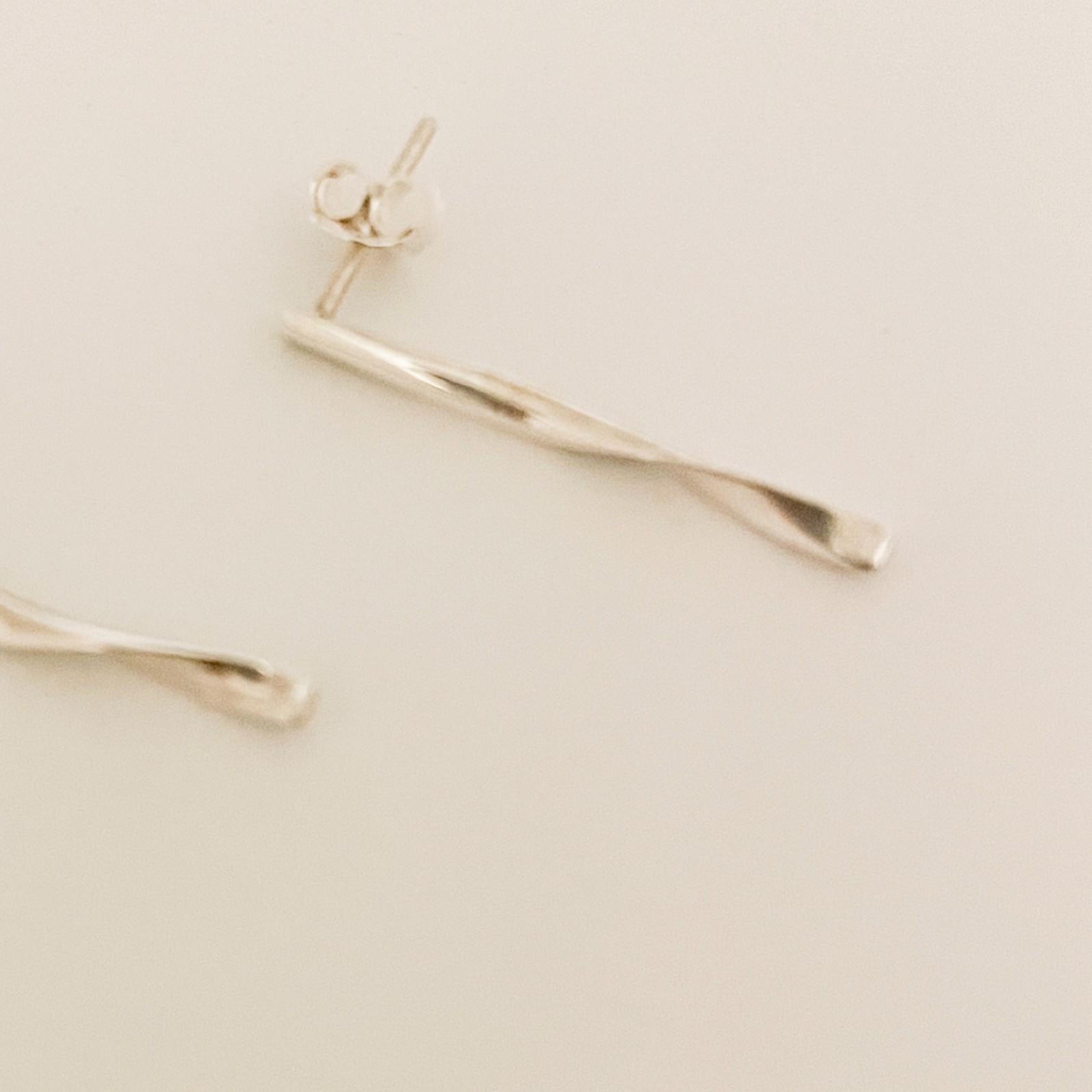 New Handcrafted Sterling Silver Twisted Stick Earrings – Small Delicate Design For Sale 3