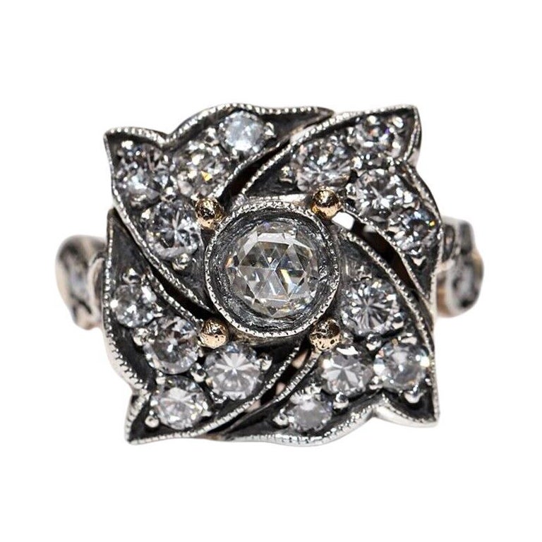 New Handmade 14k Gold Top Silver Natural Diamond Decorated Cocktail Ring