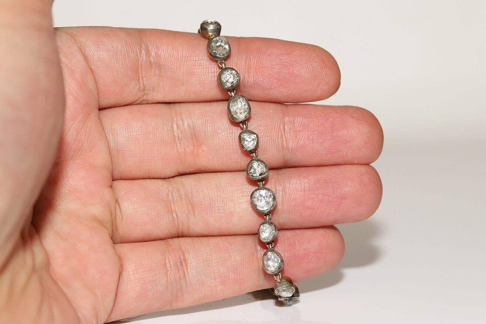 New Handmade 14k Gold Top Silver Natural Rose Cut Diamond Tennis Bracelet For Sale 6