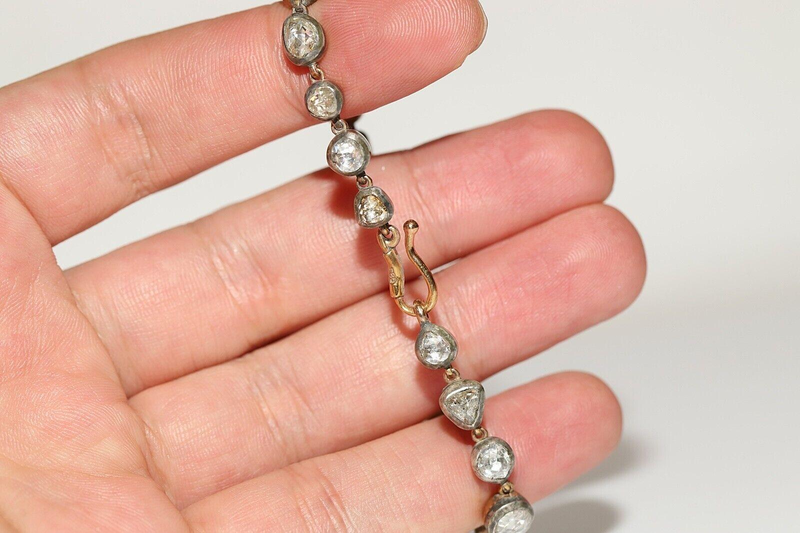 New Handmade 14k Gold Top Silver Natural Rose Cut Diamond Tennis Bracelet For Sale 7