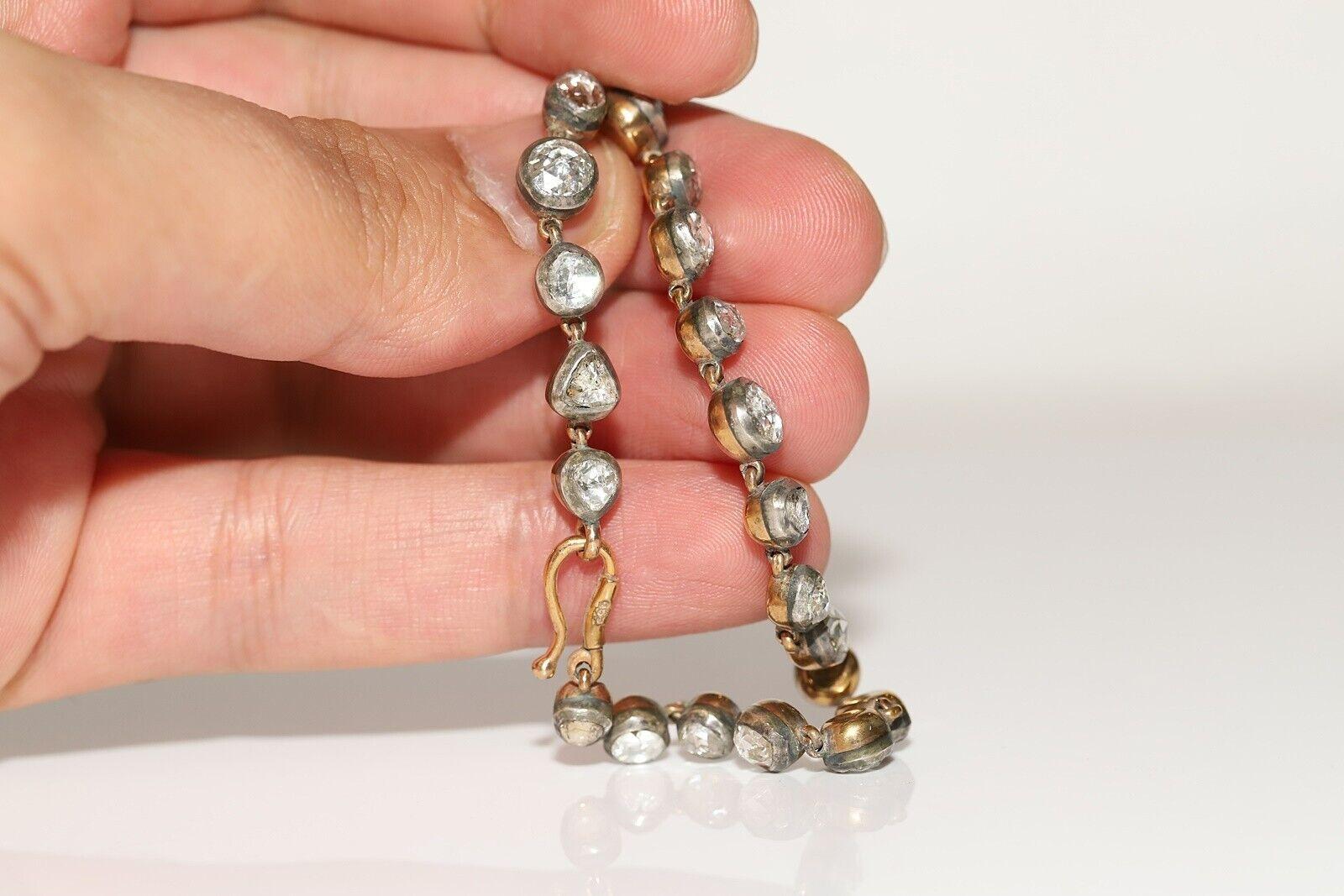 New Handmade 14k Gold Top Silver Natural Rose Cut Diamond Tennis Bracelet For Sale 8
